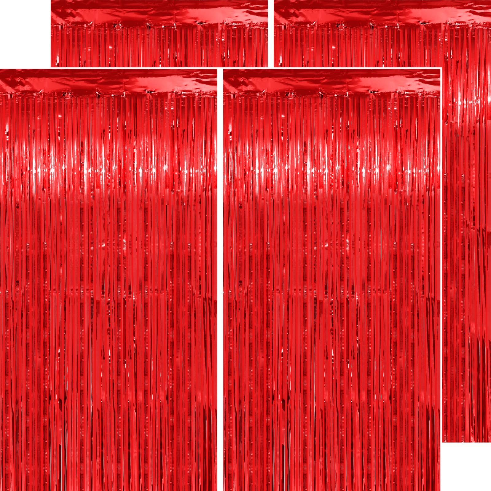 4 Pack Thick Red Tinsel Foil Fringe Curtain Backdrop - 3.2 x 8.2 FT Glitter Party Decorations for Birthday, Wedding, Baby Shower & Holiday Celebrations