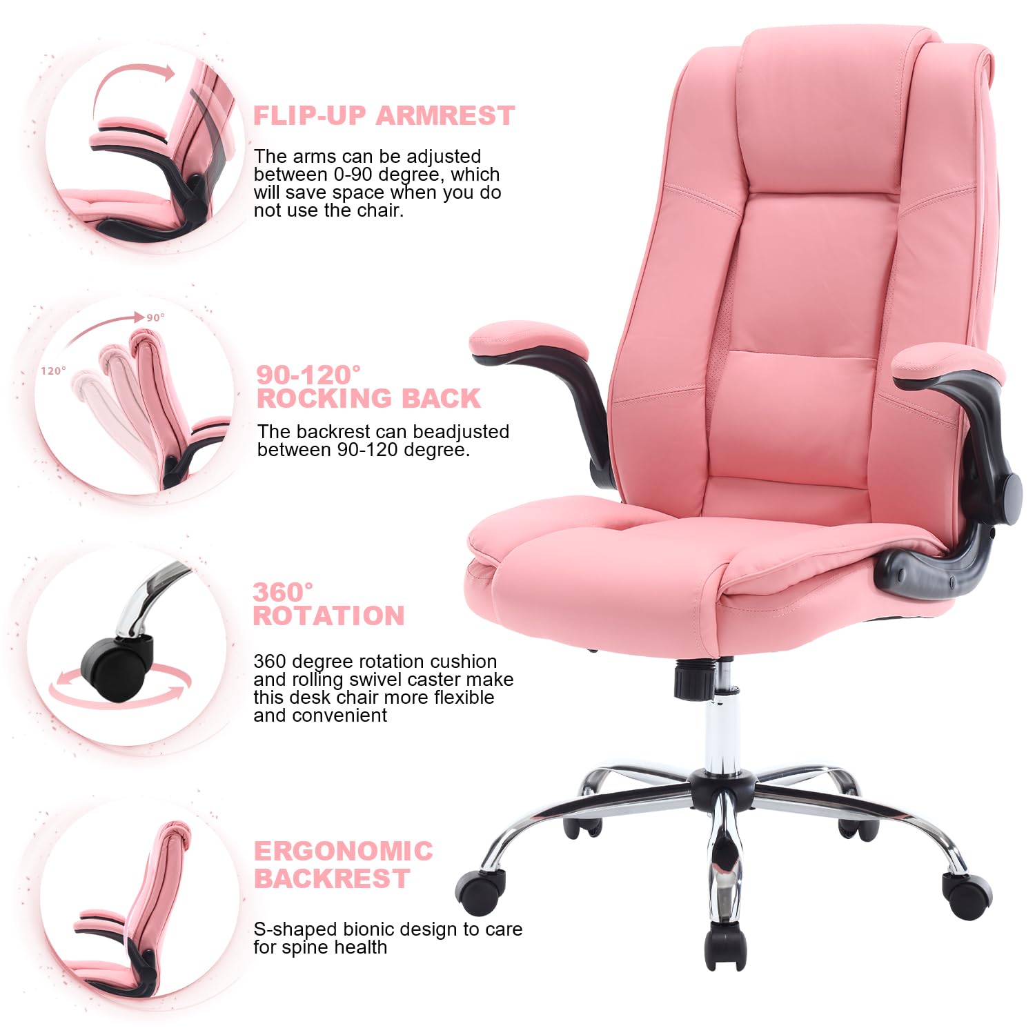 Ergonomic High Back Pink Office Chair for Women - 90°-120° Adjustable Swivel Computer Desk Chair with Wheels & Lumbar Support - Perfect for Home Office, Gaming, and Executive Workspaces