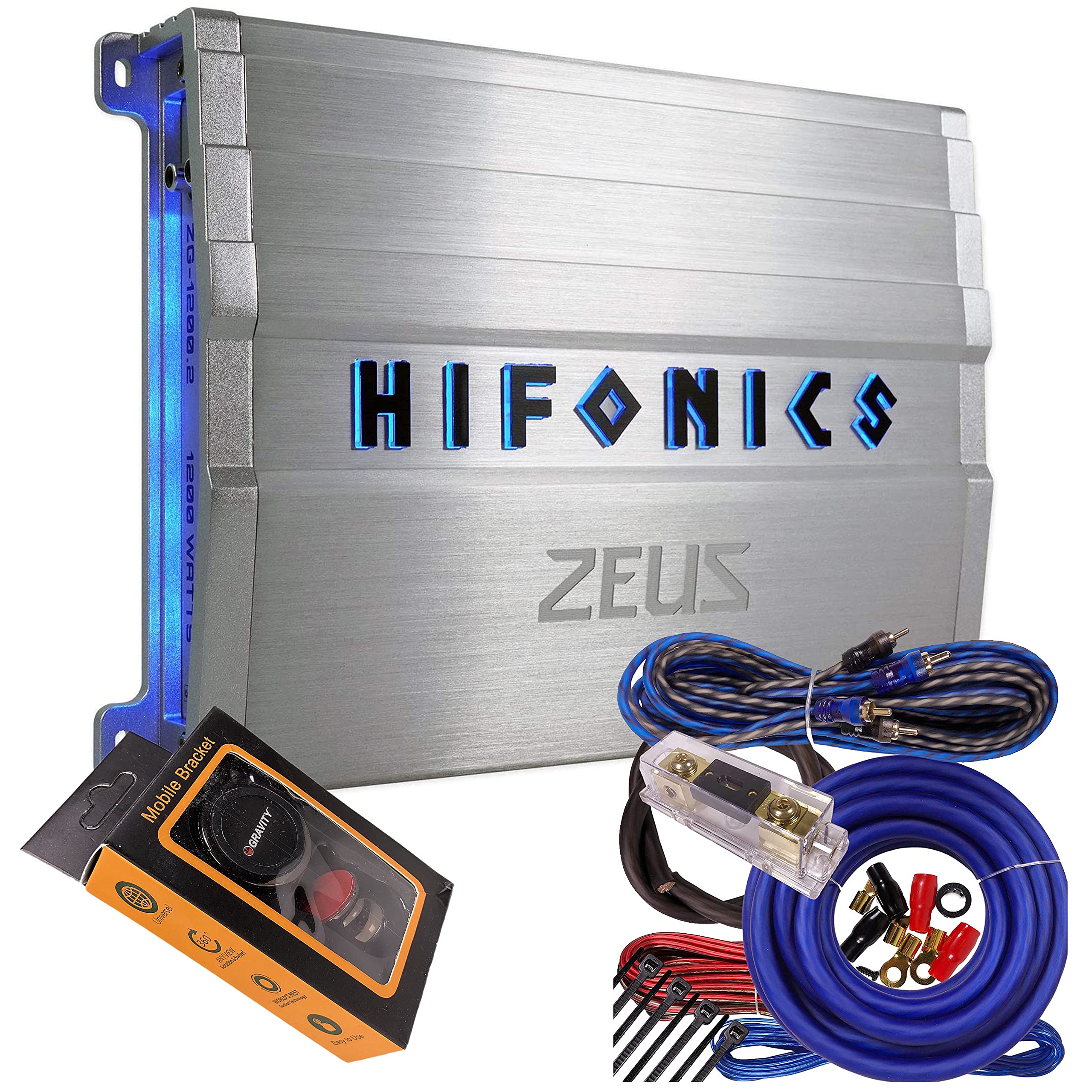 Hifonics ZG-1200.2 Zeus Gamma 1200W 2-Channel Car Amplifier - Super A/B Class Subwoofer Amp with 4 Gauge Kit & Phone Holder - Perfect for Car Audio Systems, Bass Boost, and Road Trips