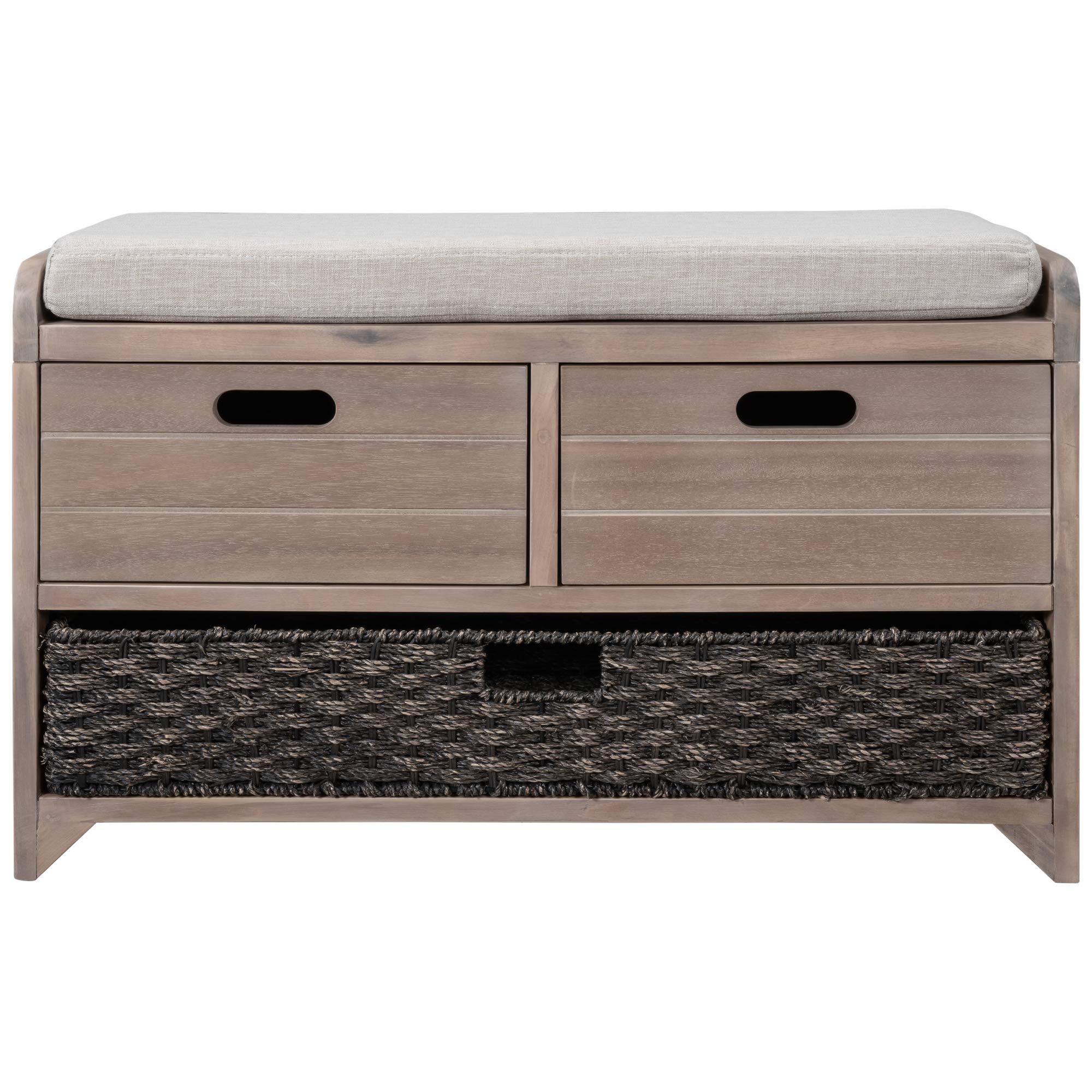 White Washed Storage Bench with Cushion & Drawers - Entryway, Bedroom, Living Room Organizer