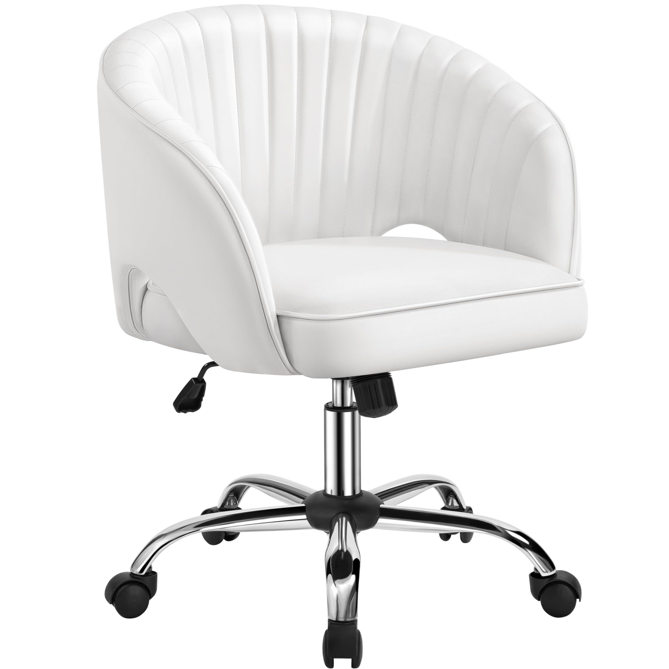 Yaheetech Faux Leather Office Chair - Modern Swivel Desk Chair with Tufted Barrel Back & Rolling Wheels - Ergonomic Computer Chair for Home Office, Study Room, Bedroom & Vanity (White) - Perfect for Remote Work & Online Classes