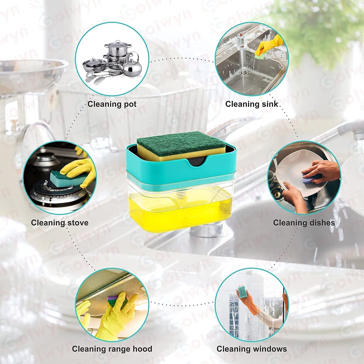 EKESHVAR 2-in-1 Pump Dispenser and Sponge Holder with Cleaning Sponge - Kitchen Sink Soap Dispenser for Dishwashing Liquid | Perfect for Kitchen Organization & Dish Cleaning Tasks