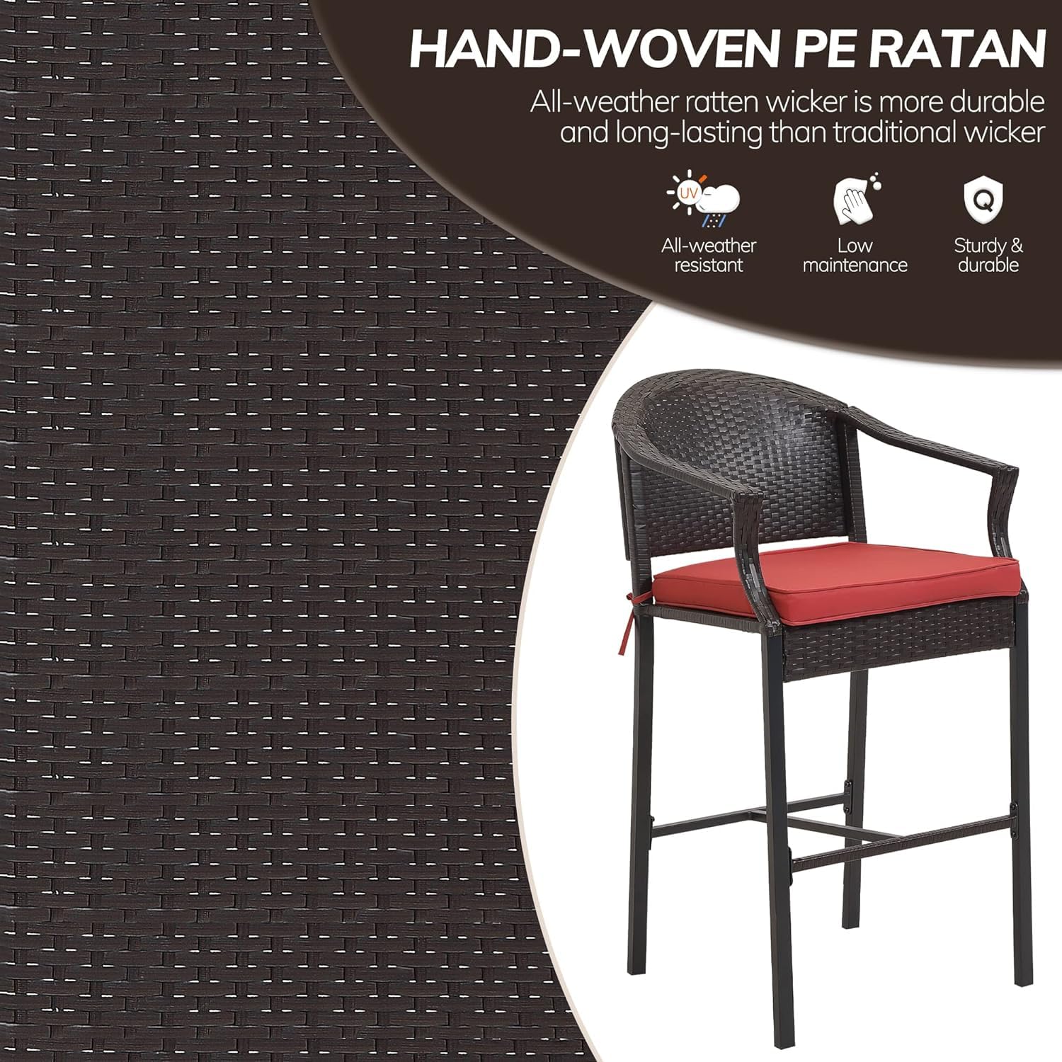 3-Piece Patio Bar Set with Rattan Bar Height Table & Chairs - Wicker Outdoor Furniture for Backyard, Poolside, Balcony - Includes Barstools & Red Cushions - Perfect for Outdoor Entertaining, Lounging & Relaxation