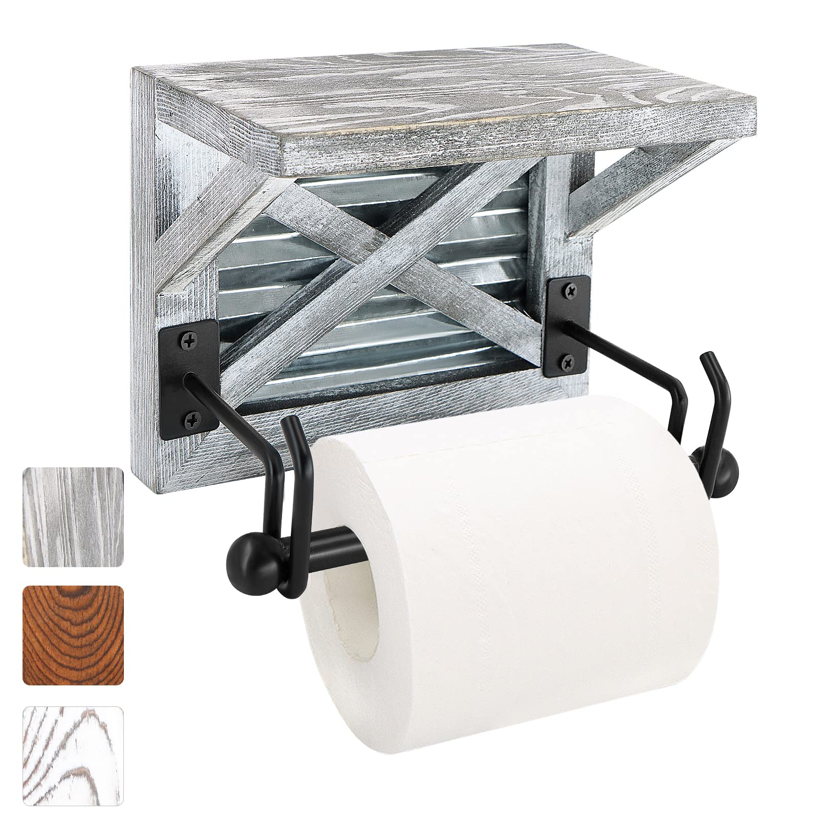Rustic Farmhouse Toilet Paper Holder with Wooden Shelf - Industrial Bathroom Decor - Gray Country Style Toilet Tissue Stand for Farmhouse, Vintage & Industrial Style Bathrooms