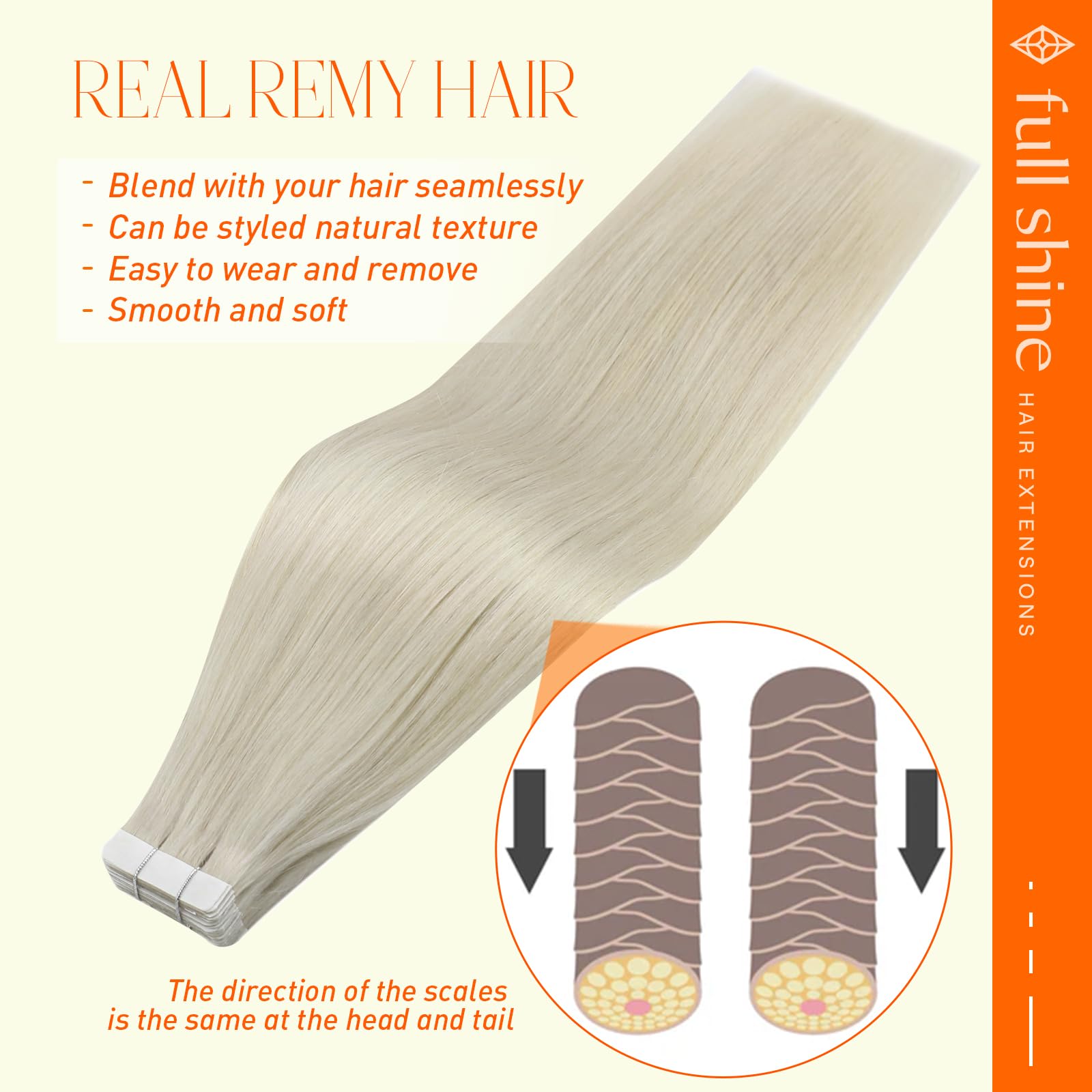 Full Shine 18 Inch Tape In Hair Extensions - 100% Real Human Hair - 40 Pcs 100g Blonde Hair Extensions (Color 1000 White Blonde) - Double Sided Invisible Tape for Seamless Blending - Perfect for Adding Length & Volume - Great for Parties, Weddings & Daily Styling