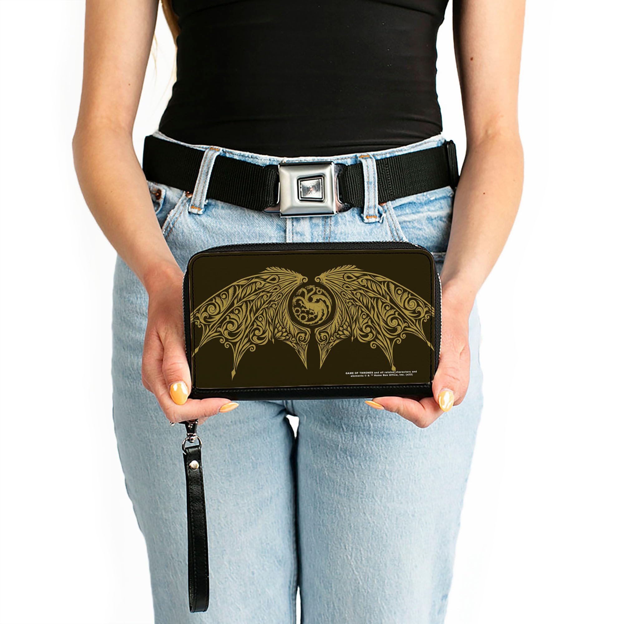 House of the Dragon Wallet - Zip Around Vegan Leather Wallet with Icon & Wings Design in Black & Yellow - Perfect for Fans, Collectors & Everyday Use