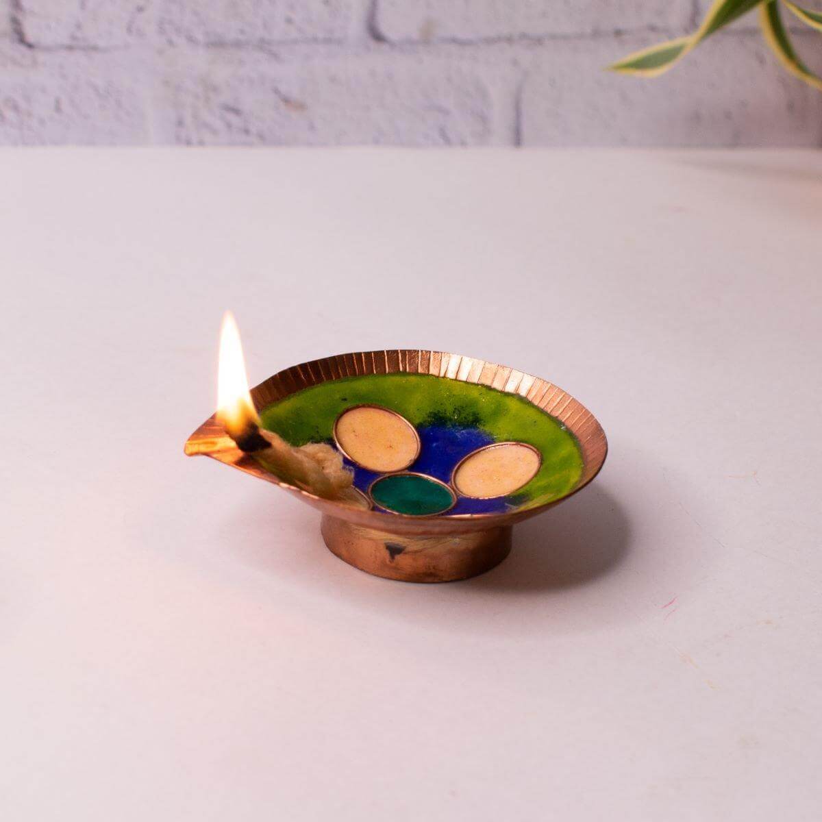 Handmade Copper Enamel Diya - Traditional Indian Oil Lamp for Diwali, Puja & Home Decor - Perfect for Festivals, Weddings & Spiritual Ceremonies
