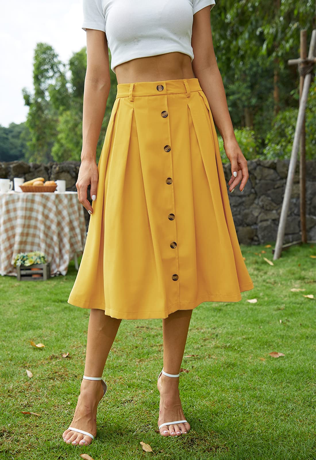 Stylish Pleated A-Line Midi Skirt with Elastic Waist & Button Front - Women's Casual Flared Long Skirt with Pockets | Perfect for Office Wear, Date Nights & Spring Outfits