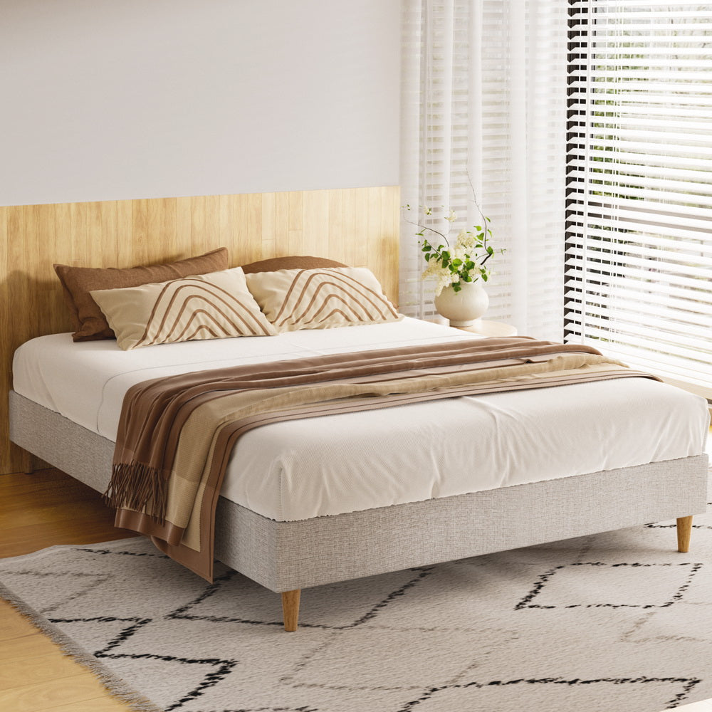 ZORA Queen Size Bed Frame - Beige Upholstered Platform Bed with Wooden Slats, Sturdy Metal Legs - Perfect for Master Bedroom, Guest Room, or Apartment