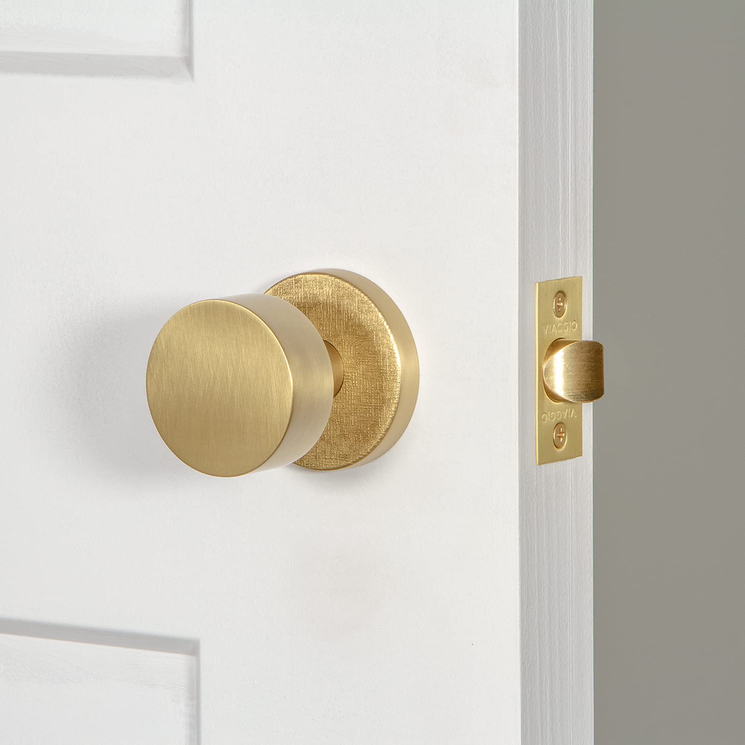 Viaggio 622314 Satin Linen Rosette Privacy Door Knob with Circolo Brass Finish - Right Handed, 2-3/8