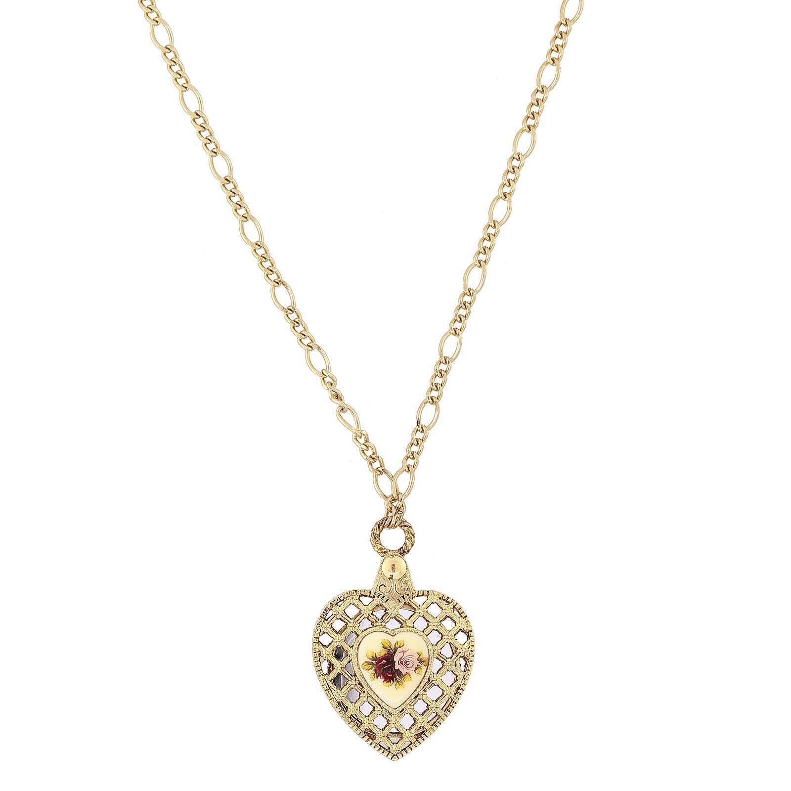 1928 Jewelry Manor House Pink & Purple Rose Heart Mirror Pendant Necklace - Vintage Inspired Rose Heart Locket for Women - Perfect for Valentine's Day Gifts, Anniversary Presents & Romantic Occasions