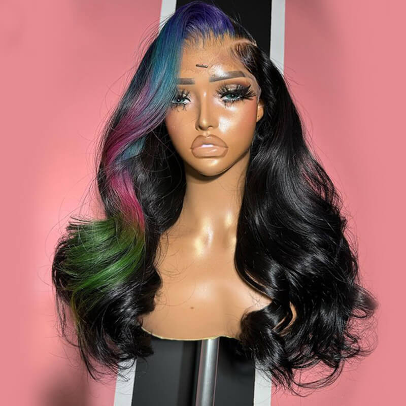 Eullair Multi-Colored Lace Front Wig - Body Wave Human Hair with Blue, Orange & Green Highlights - Pre-Plucked 180% Density Lace Frontal Wigs for Women | Perfect for Cosplay, Parties & Fashion Styling