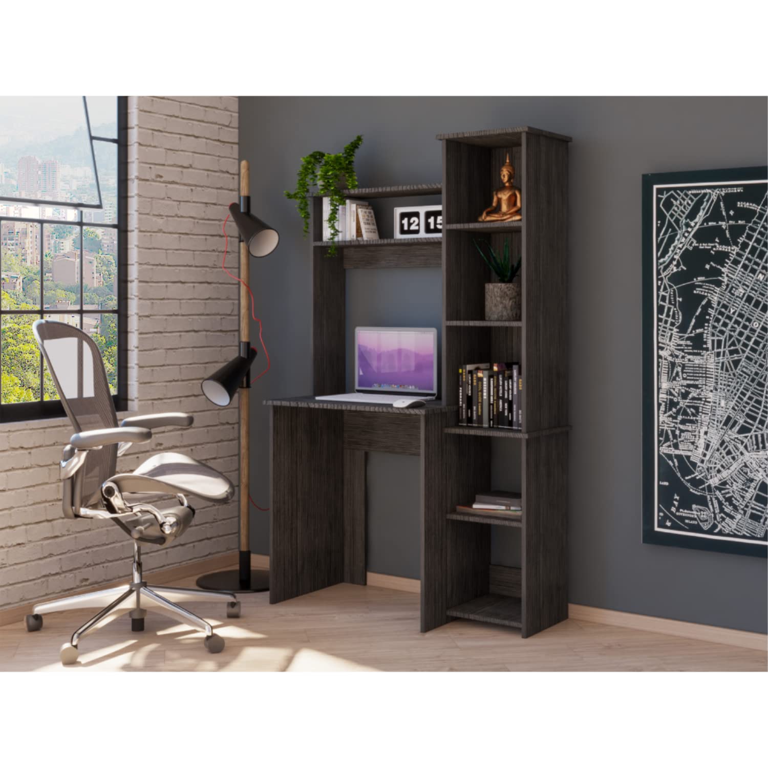 Ergonomic 5-Shelf Desk with 2 Premium Shelves in Smokey Oak Finish - Perfect for Home Office, Study Room & Workspace Organization