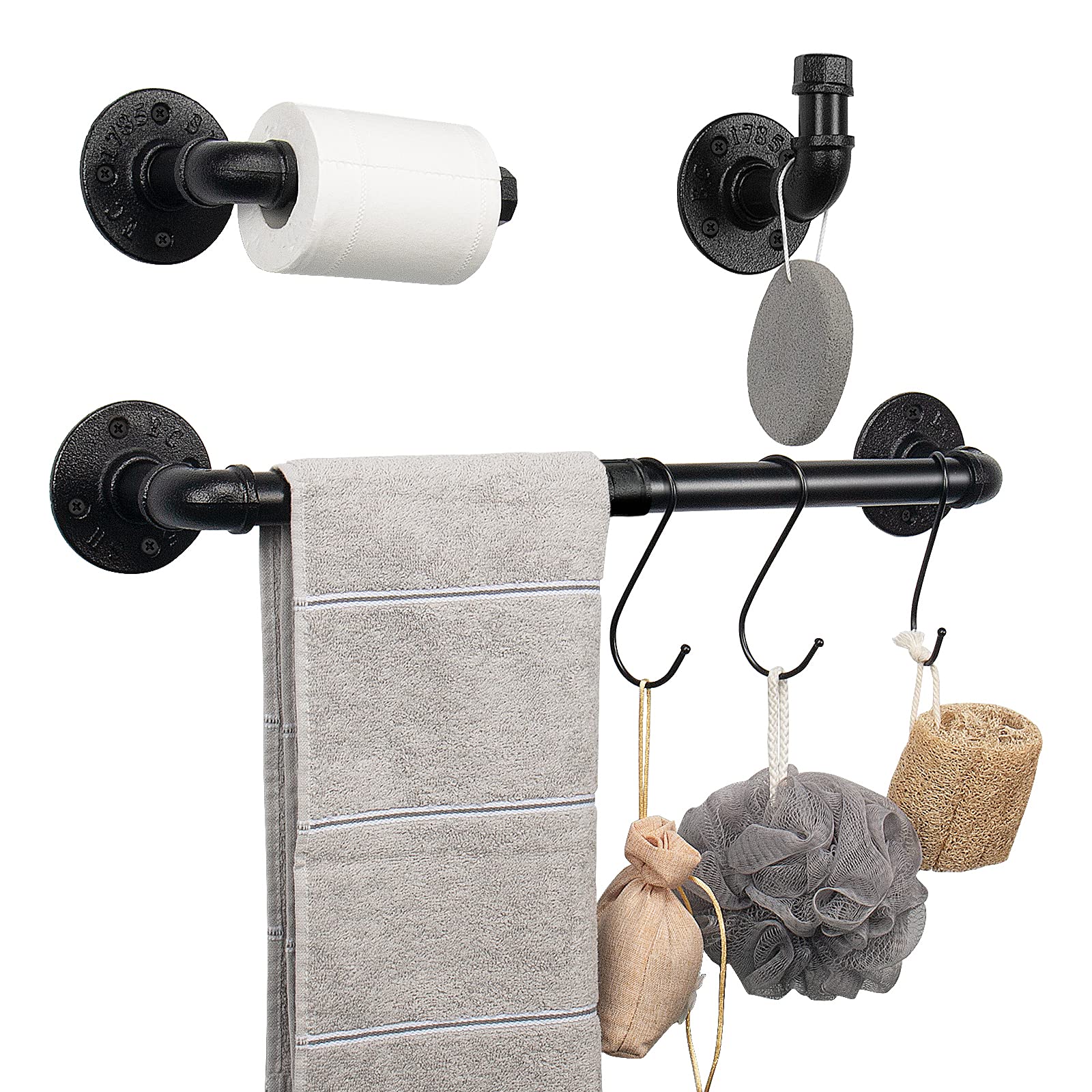 Industrial Iron Pipe Towel Rack Set - 5 Piece Bathroom Accessories Kit with Wall-Mounted Towel Bar, Toilet Paper Holder & 3 Robe Hooks (Black, 18 Inch) - Perfect for Modern Farmhouse, Loft & Industrial Style Bathrooms