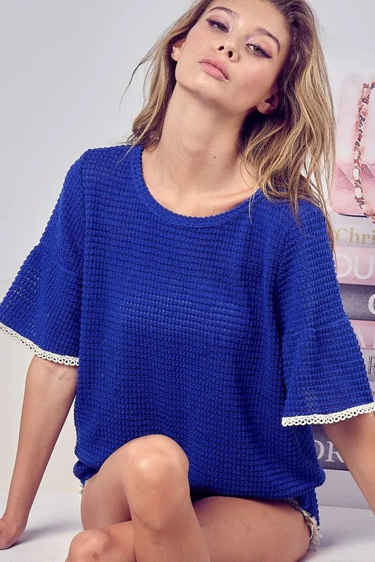 BiBi Popcorn Waffle Knit Top with Pompom Lace - Women's Stylish Lace Trim Sweater for Fall & Winter | Perfect for Casual Outings, Date Nights & Office Wear