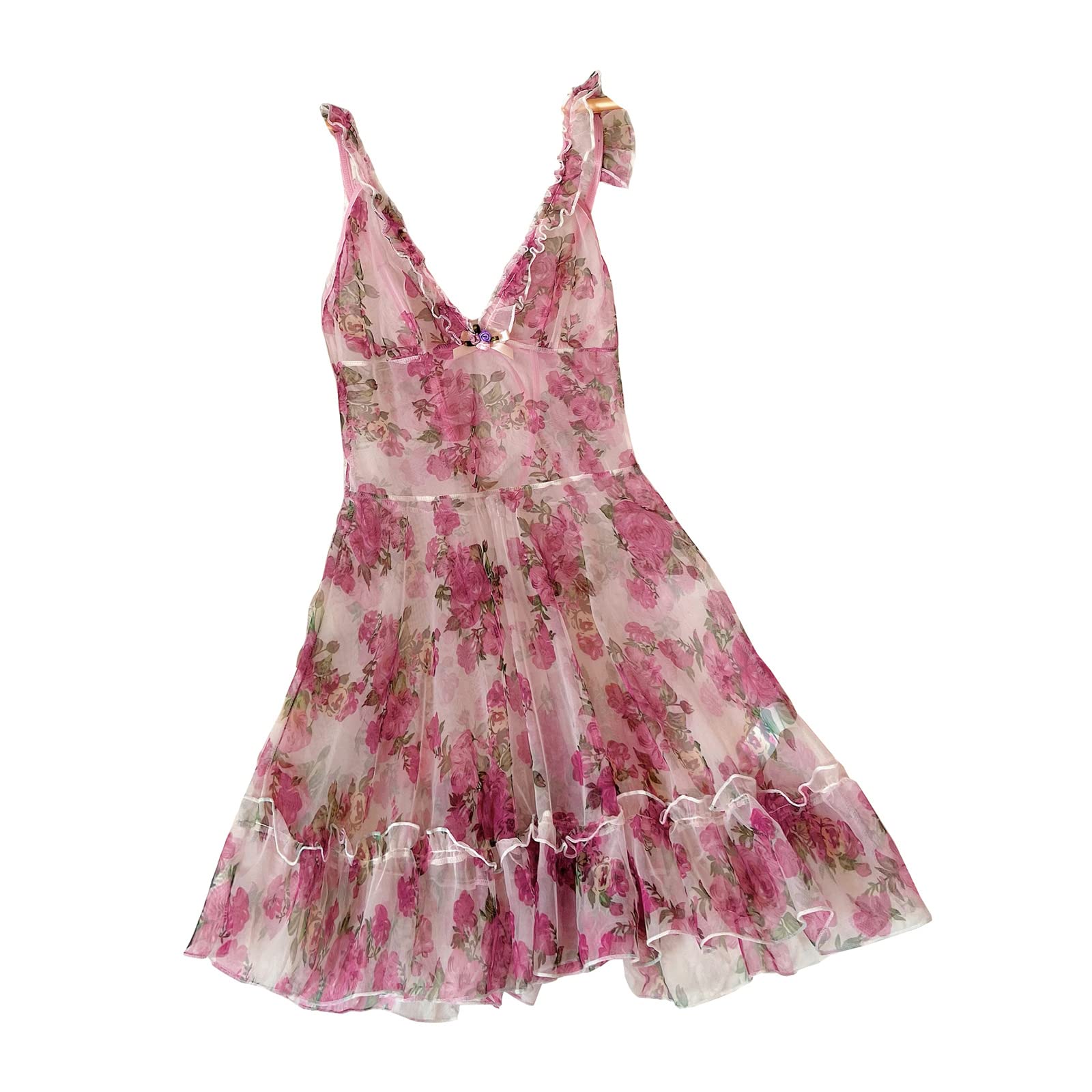 PXIAOPANG Women's Sheer Mesh Slip Dress - V Neck Floral Print Pleated Mini Dress for Party, Date Night & Special Occasions