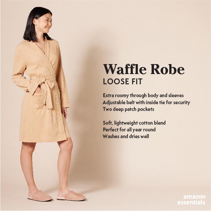 Amazon Essentials Women's Lightweight Waffle Mid-Length Robe - Soft & Comfortable Bathrobe for Lounge, Spa & Relaxation (Plus Size Options)