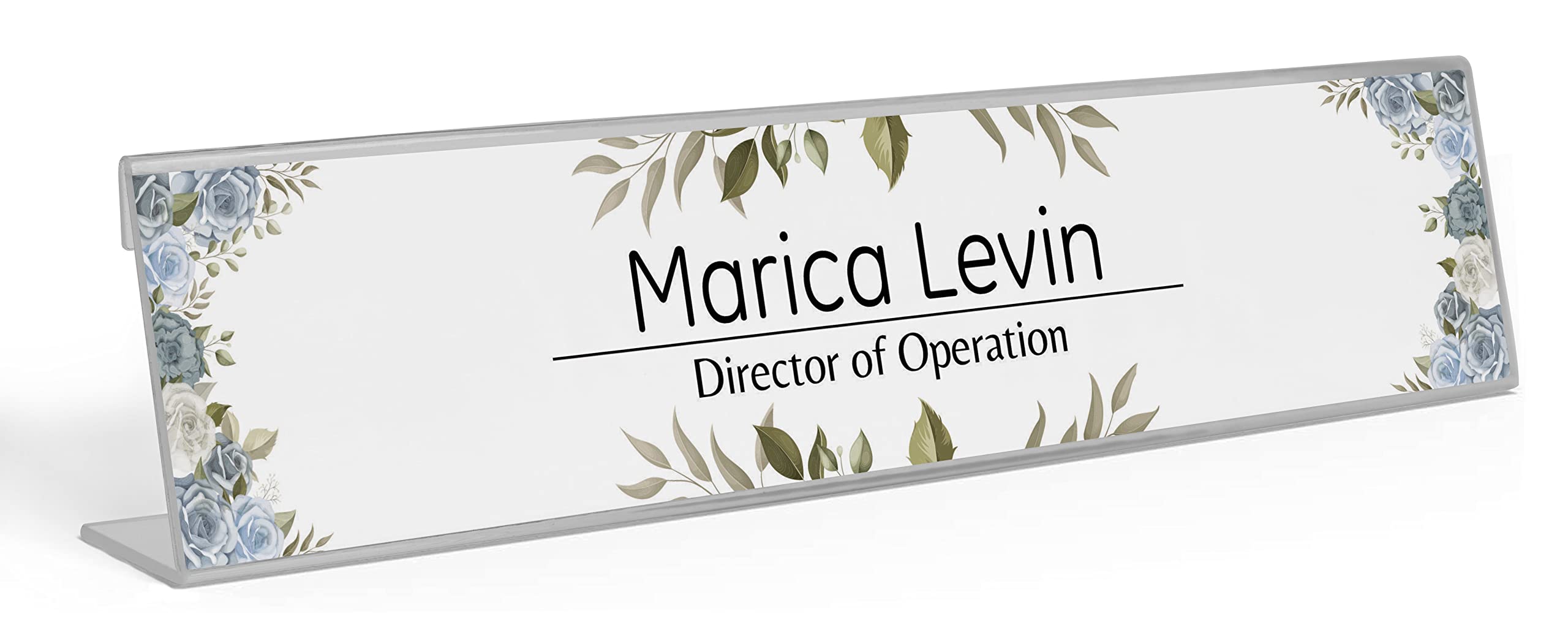 Custom Acrylic Desk Name Plate - Personalized Office Name Sign with Blue Roses & Leaves Design (2x8 Inches) | Perfect for Corporate Gifts, Reception Desks & Home Office Decor