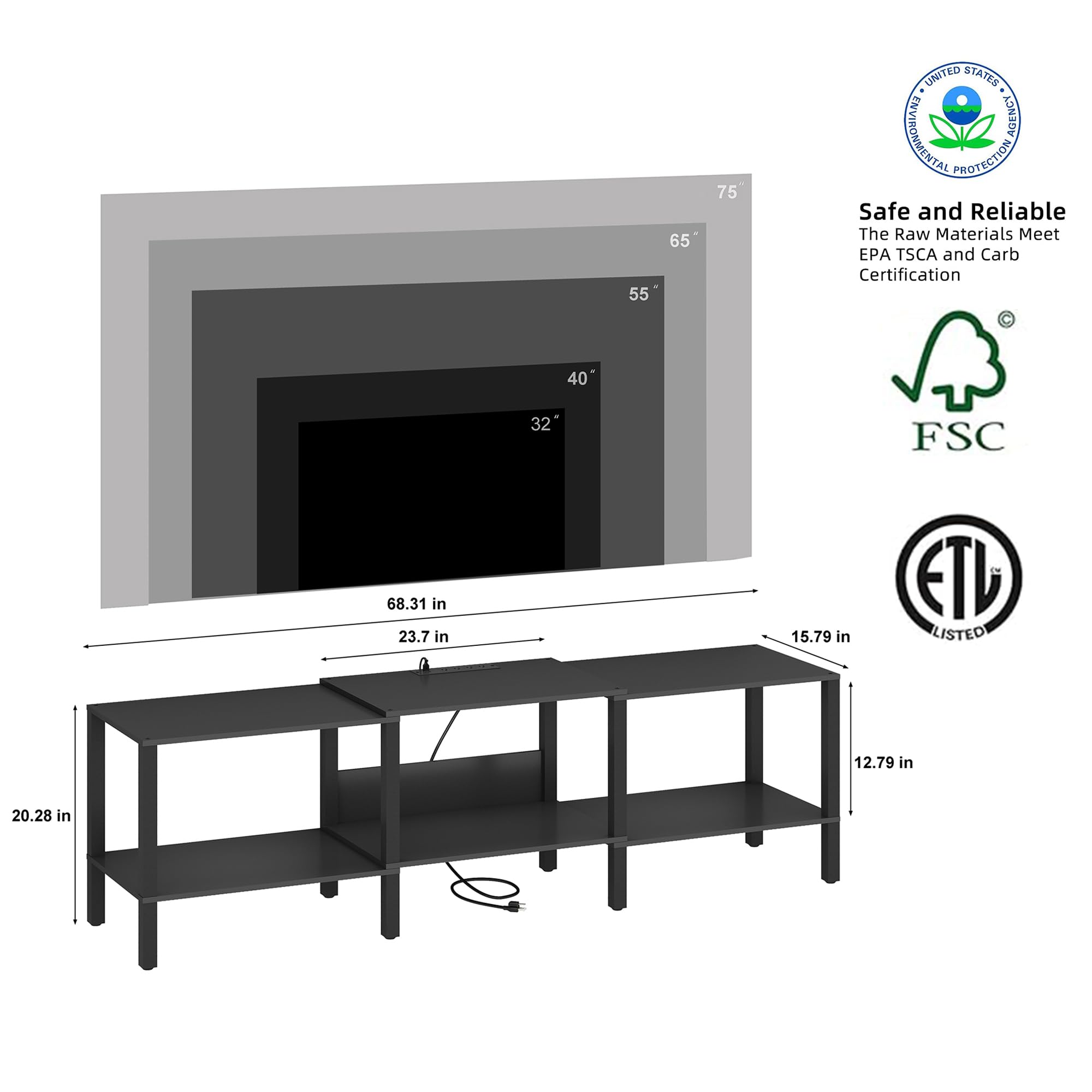 75 Inch Black LED TV Stand for Living Room - Wood Media Console for 45/55/65/75 Inch TVs - Industrial Style Entertainment Center with Power Outlet - Rustic Brown (CaLTV06BKE) - Perfect for Home Theater & Modern Living Rooms