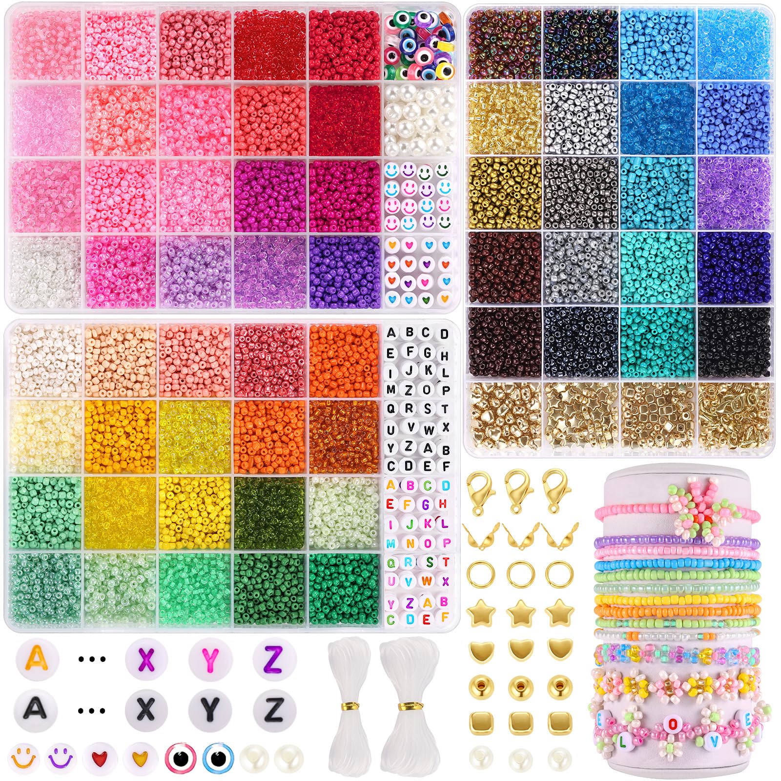 Funtopia 3mm 21,600pcs Seed Beads Kit - 60 Color Glass Beads for Jewelry Making, Bracelets, DIY Crafts | Includes Alphabet Letter Beads & Evil Eye Beads | Perfect for Friendship Bracelets, Art Projects, and Creative Gifts