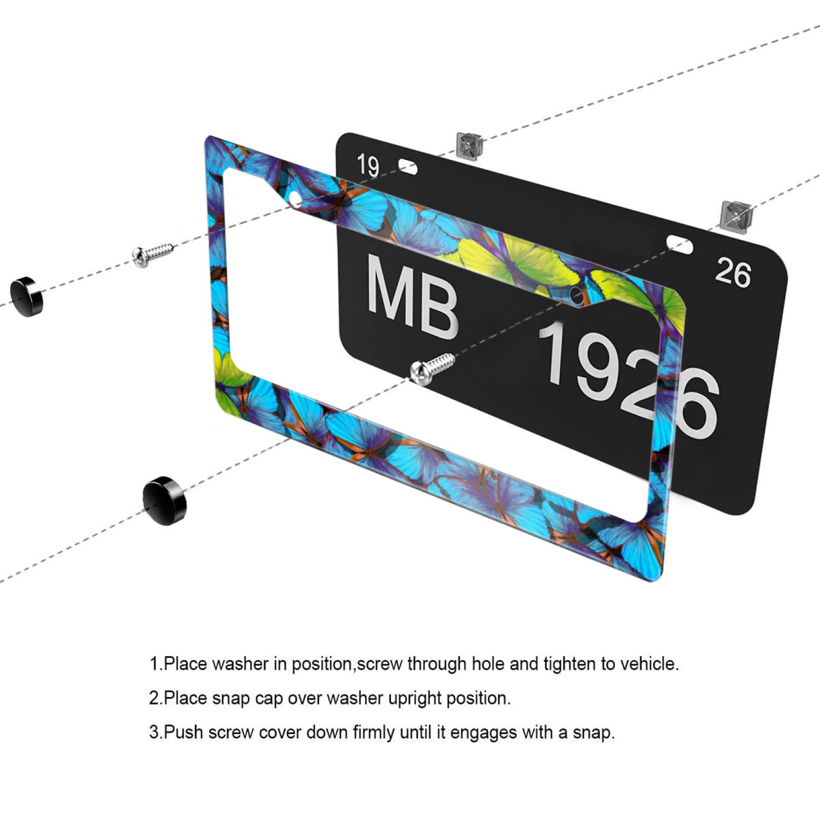 Blue Butterfly Decorative Car License Plate Frame - Aluminum Customized License Plate Cover for Men & Women - US Canada Standard 12
