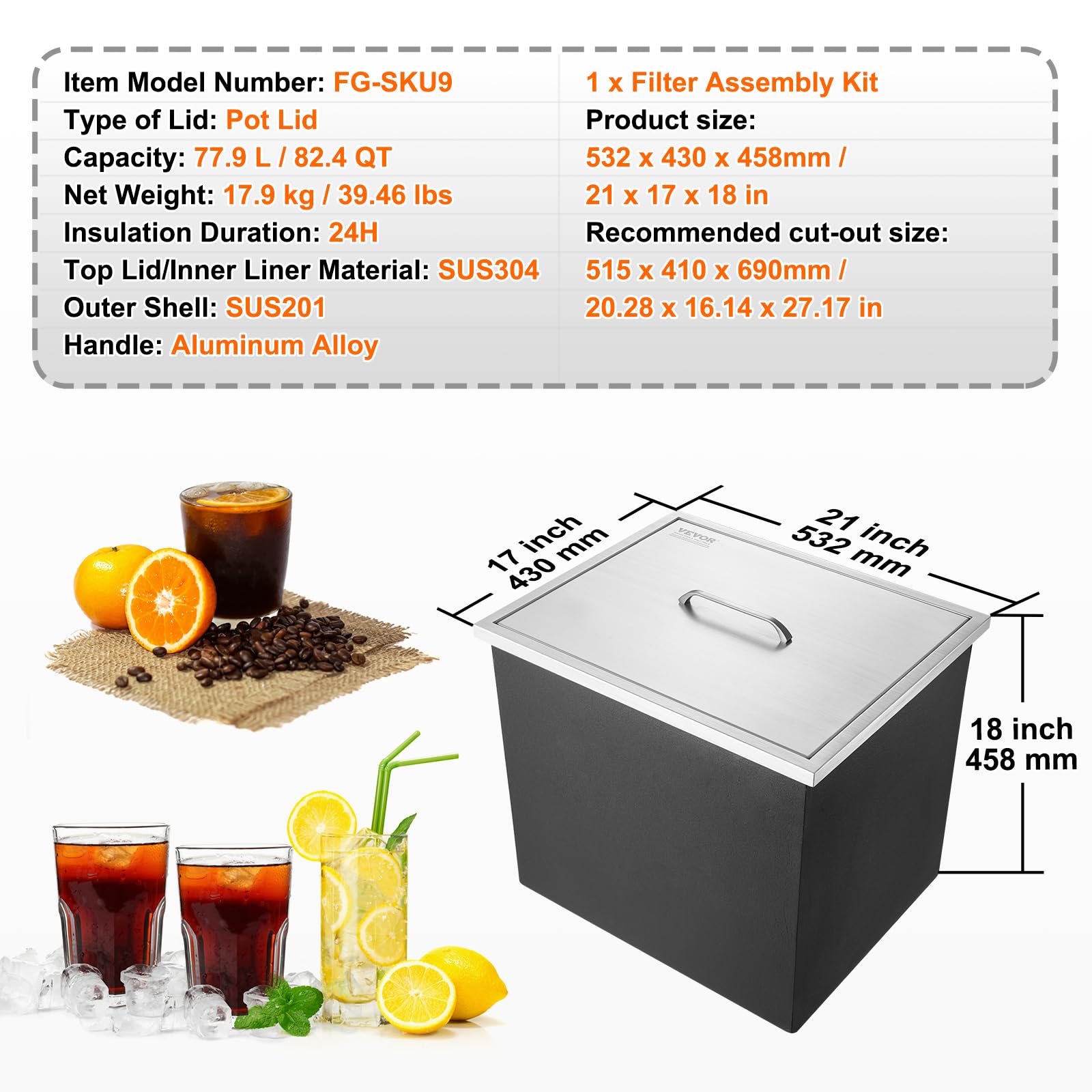 VEVOR 40 Quart Stainless Steel Drop-In Ice Chest Cooler with Cover - 22