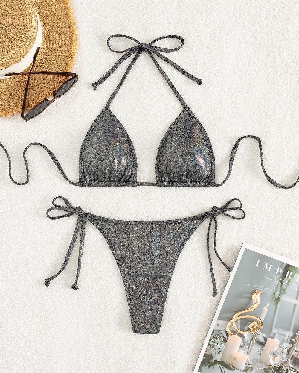 Sexy Women's Halter Thong Bikini Set - Adjustable Tie Side Triangle Swimwear for Beach & Pool Party | Tainehs Two-Piece Swimsuits