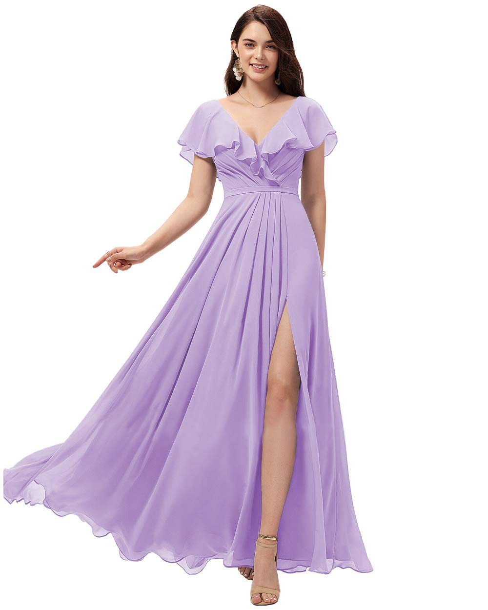 Elegant Miao Duo Women's Long V-Neck Bridesmaid Dress with Slit & Ruffle - Flowy Chiffon Formal Evening Gown (YZTS004) - Perfect for Weddings, Proms & Special Occasions