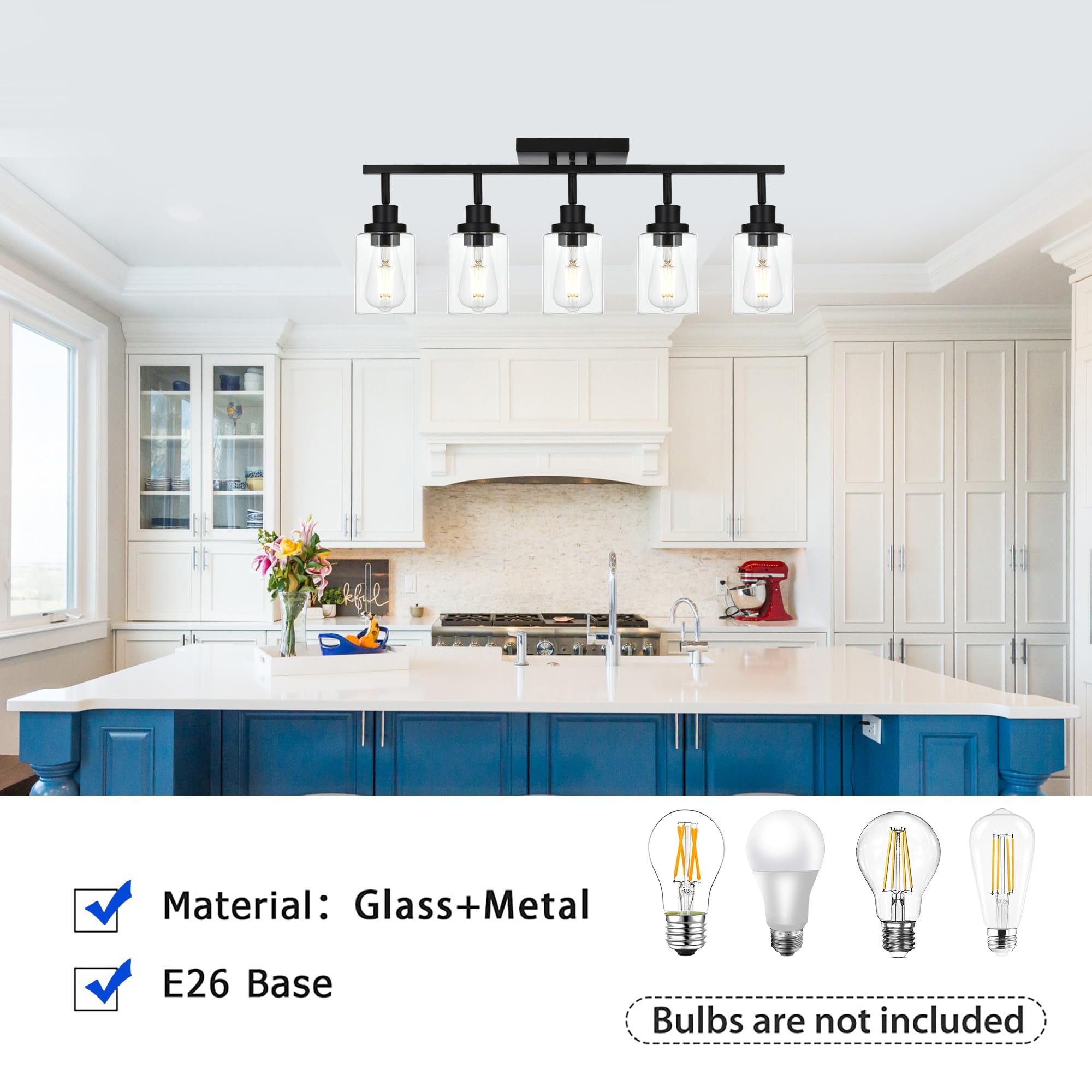 5-Light Black Track Lighting Kit with Clear Glass Shade - Rotatable Modern Ceiling Spot Light for Bathroom Vanity, Kitchen, Shop & Hallway - Dimmable LED Track Lights for Home & Commercial Spaces