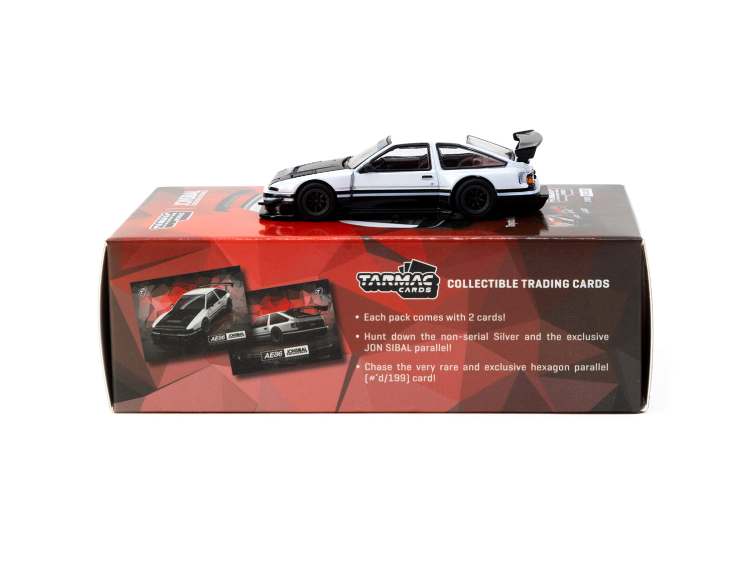 Tarmac Works 1/64 Scale Toyota Sprinter Trueno AE86 Widebody Diecast Model Car - White & Black Limited Edition with Tarmac Cards - Perfect for Collectors, Display, and Racing Scenes