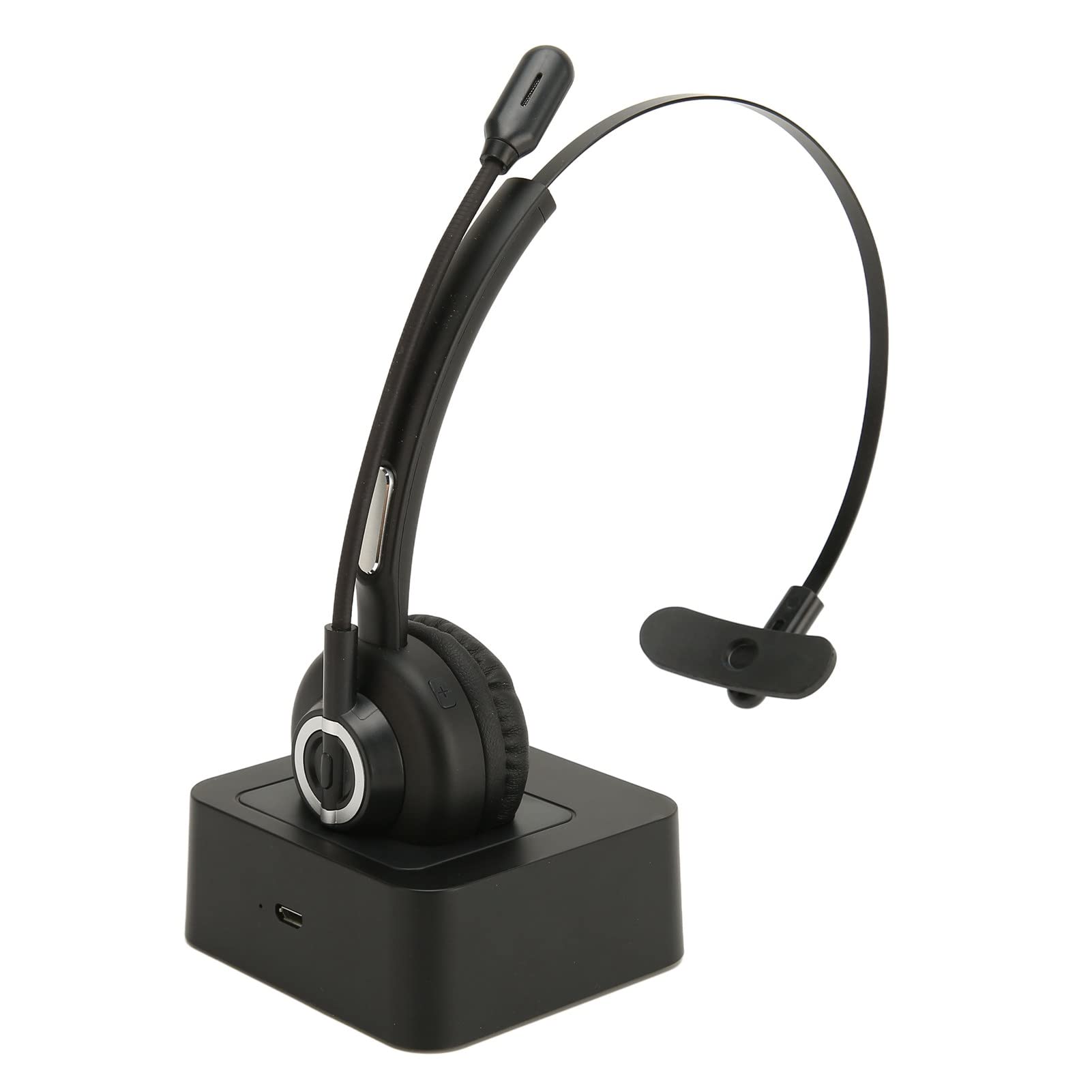 Single Ear 5.0 Bluetooth Headset with Microphone & Charging Base - Noise Canceling On-Ear Headphones for Cell Phone, PC, Call Center & Office - Perfect for Remote Work, Customer Service & Long Business Calls