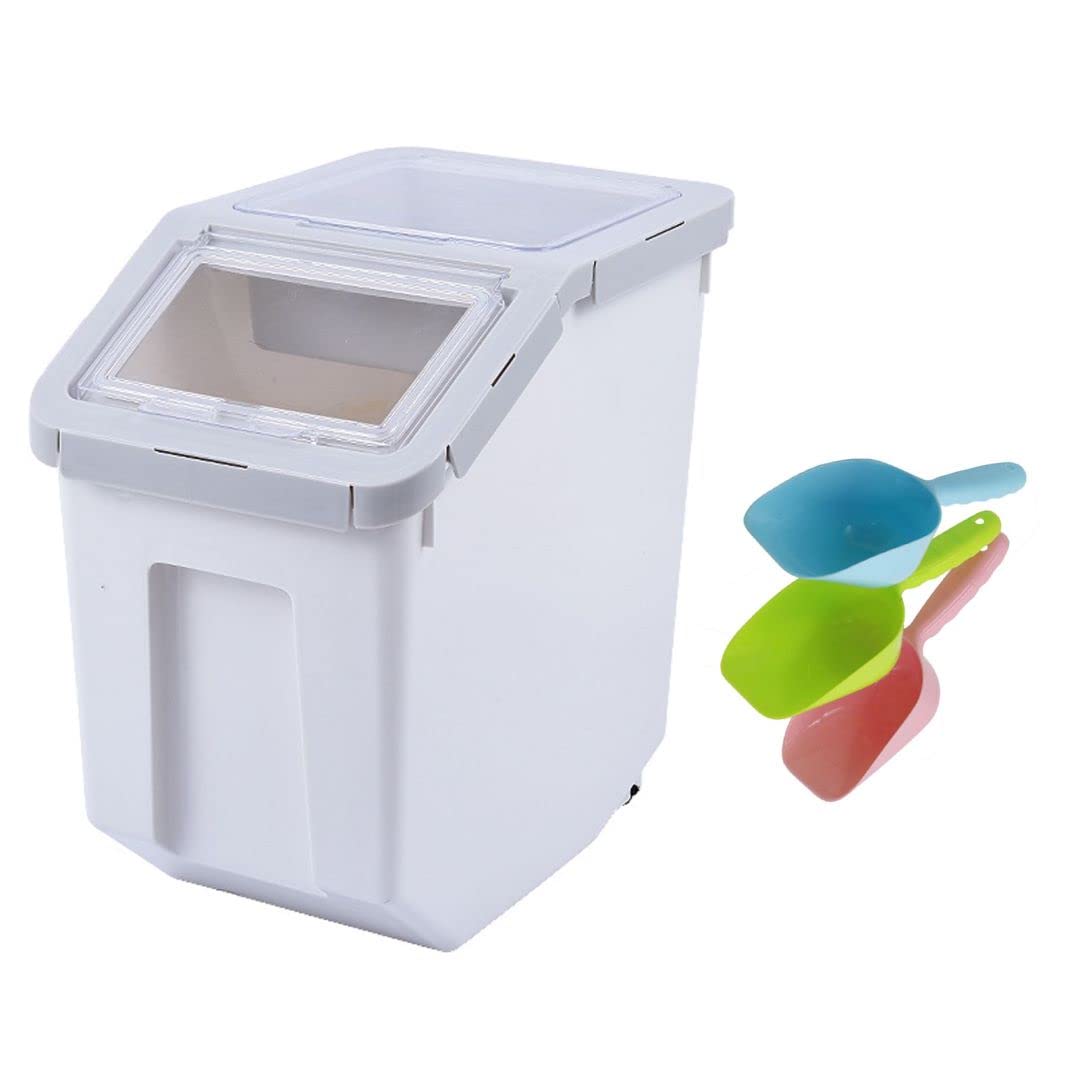 MXCELL Airtight Pet Food Storage Container with Scoop & Measuring Cup - Large Sealed Grain Bin for Cat & Dog Food - Durable Plastic Feeder with Interlayer - Perfect for Kitchen, Pantry & Pet Feeding Areas (Gray)
