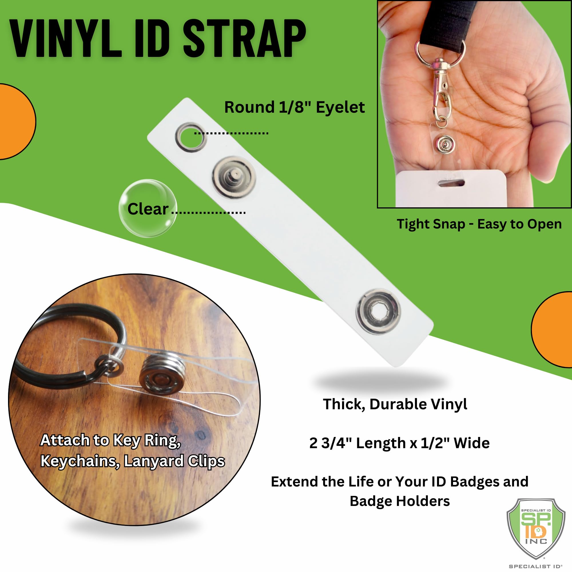 25 Pack Clear Vinyl ID Badge Holder Straps with Snap - for Lanyards & Key Rings - Office & Event Use