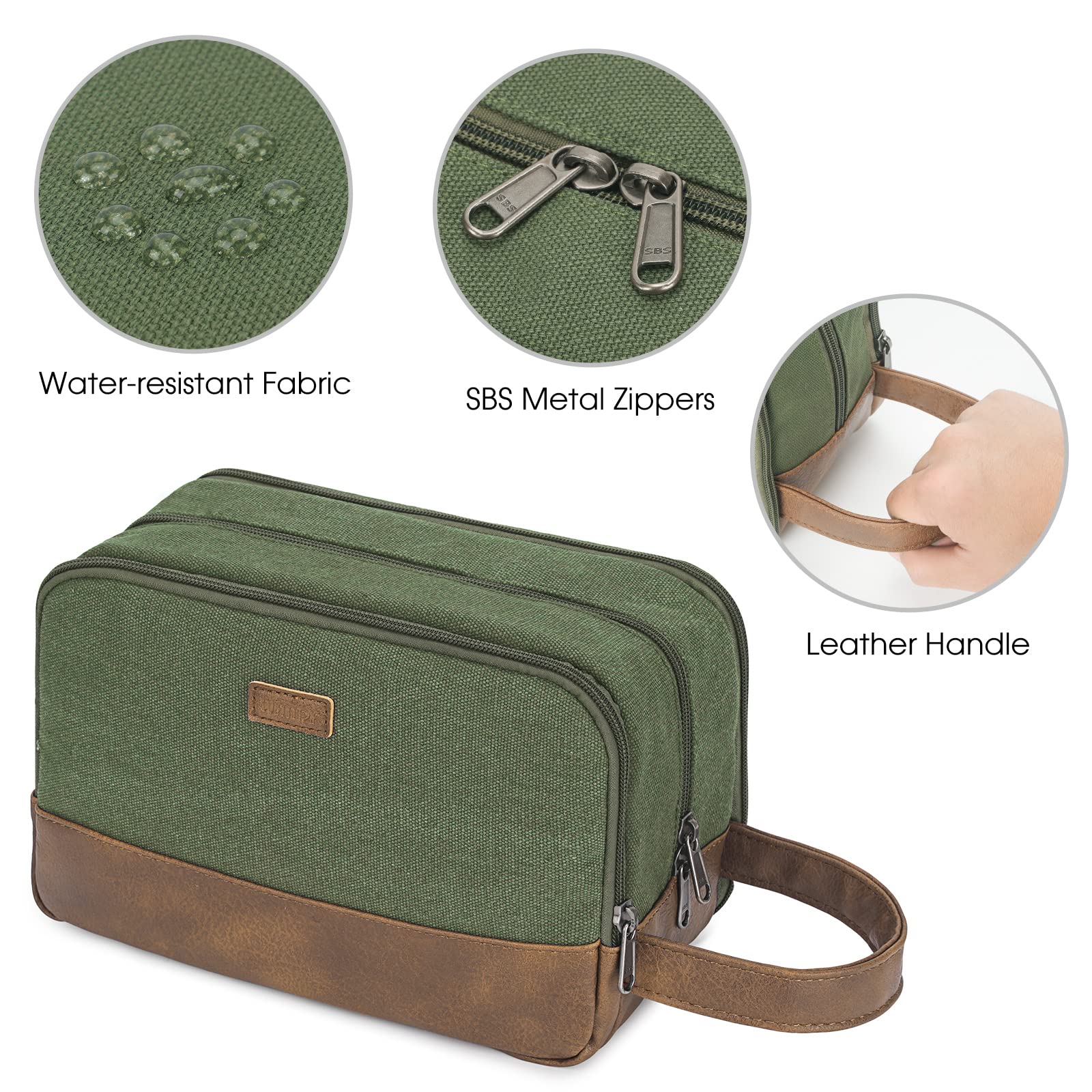 WANDF Men's Travel Toiletry Bag - Hanging Dopp Kit with Water-Resistant Vegan Leather, Canvas Toiletry Organizer for Shaving & Grooming Accessories (Green) - Perfect for Business Trips, Camping & Gym Essentials