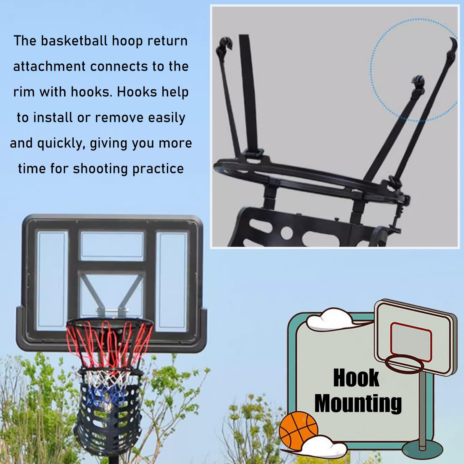 LXLZYXSF No Ball Pickup Basketball Return System - Wall Mounted Solo Shooting Trainer for Kids & Adults | Portable Lightweight Rebounder | Perfect for Driveway, Backyard & Gym Practice (Black)
