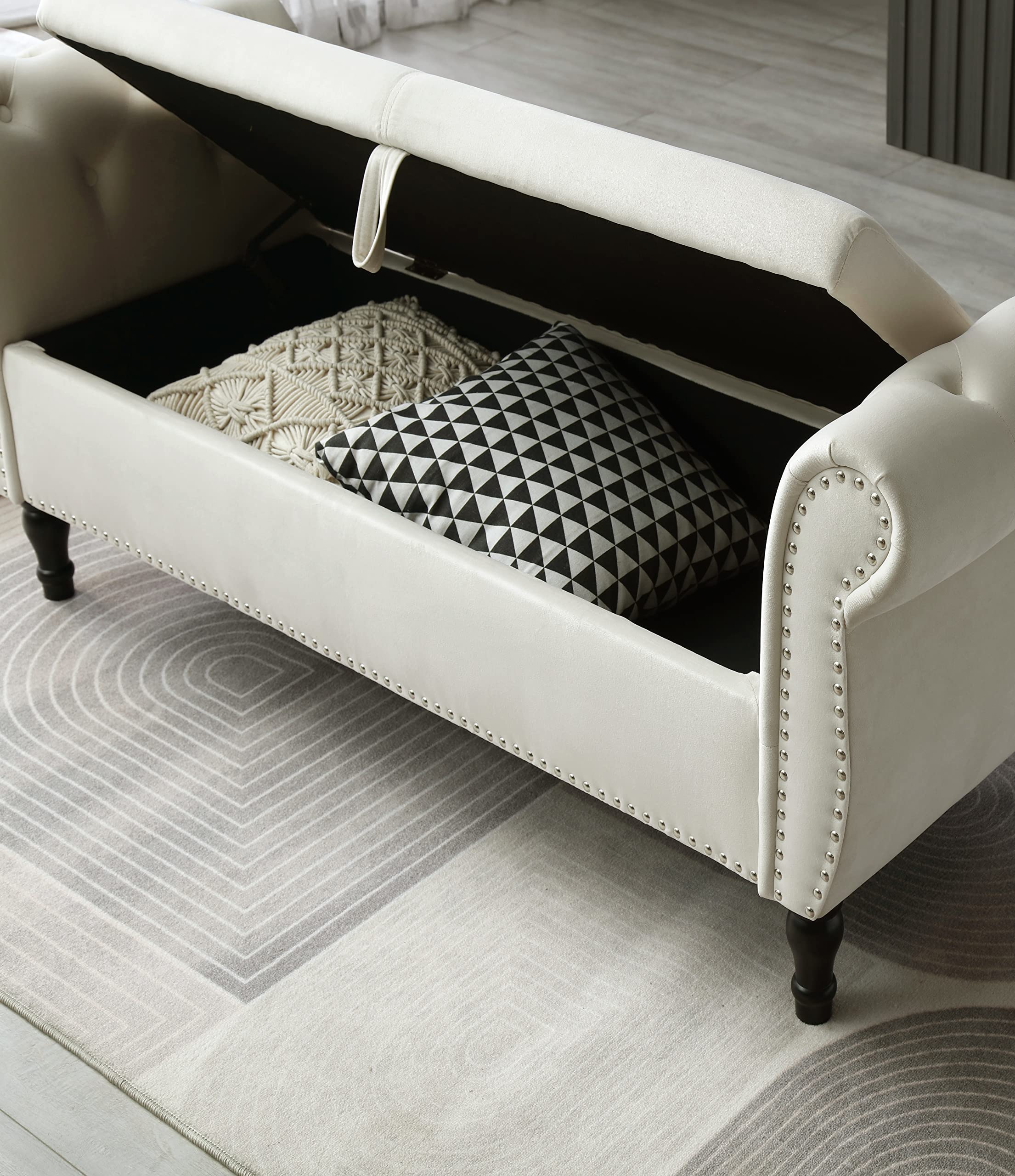Velvet Upholstered Storage Bench with Roll Arm & Solid Wood Legs - Entryway Accent Bench, Bedroom Bench, Window Seat with Pillow - Perfect for Living Room, Hallway & Bed End (Beige)
