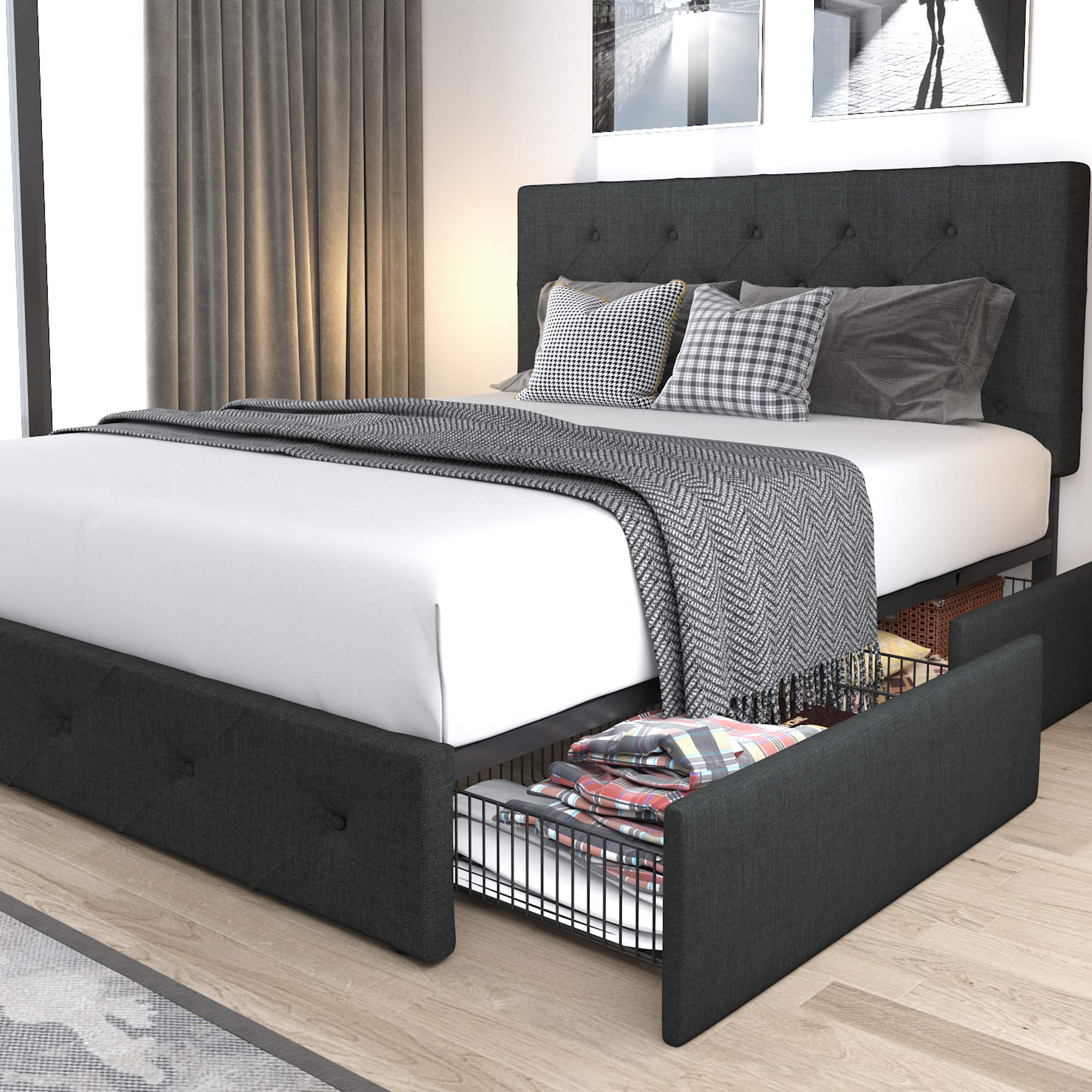 Queen Platform Bed Frame with Storage Drawers & Headboard - Dark Grey for Modern Bedrooms