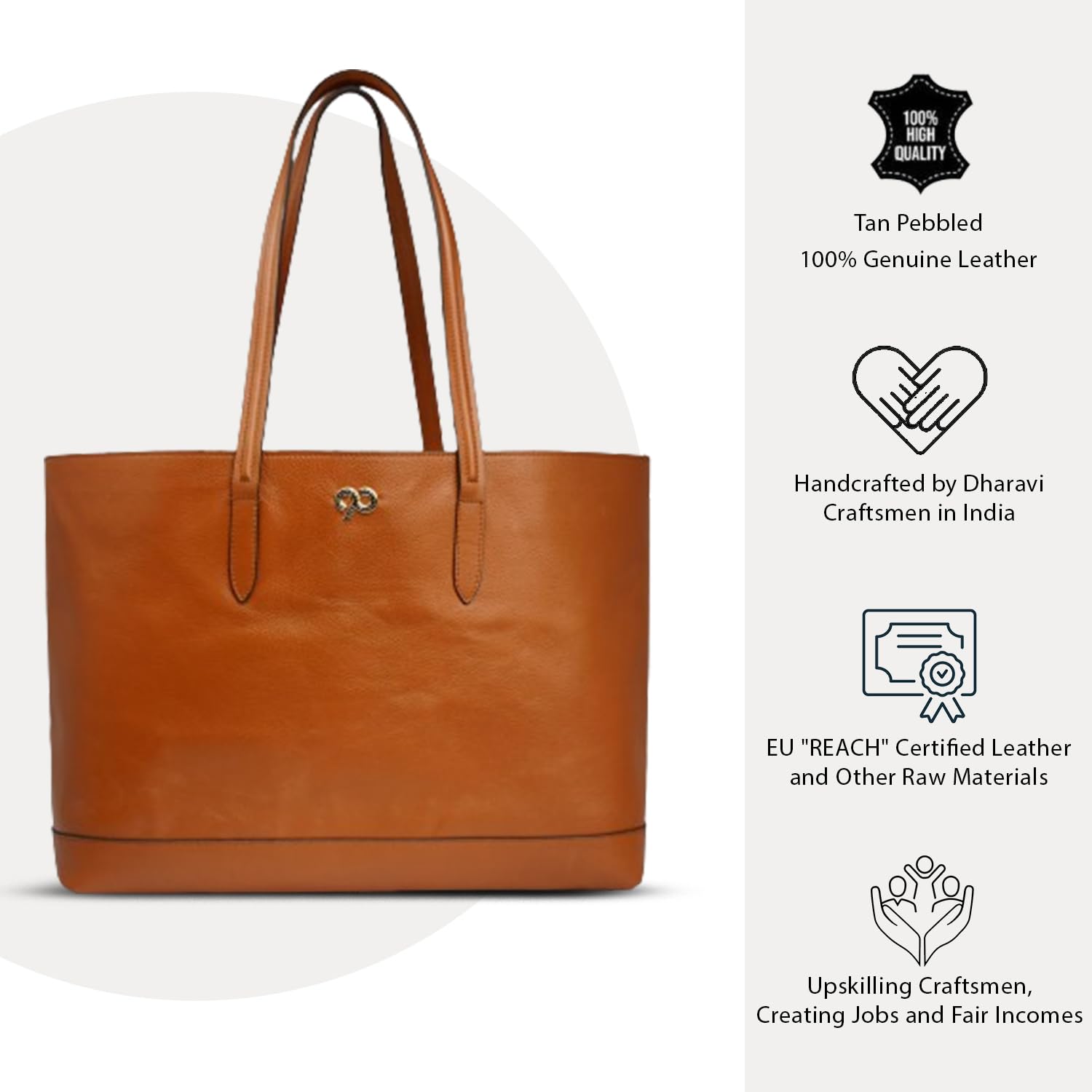 Genuine Leather Tote Bag for Women - Large Handmade Shoulder Bag with Snap Closure | Classic Tan Leather Handbag by Dharavi Market | Perfect for Work, Travel & Everyday Use