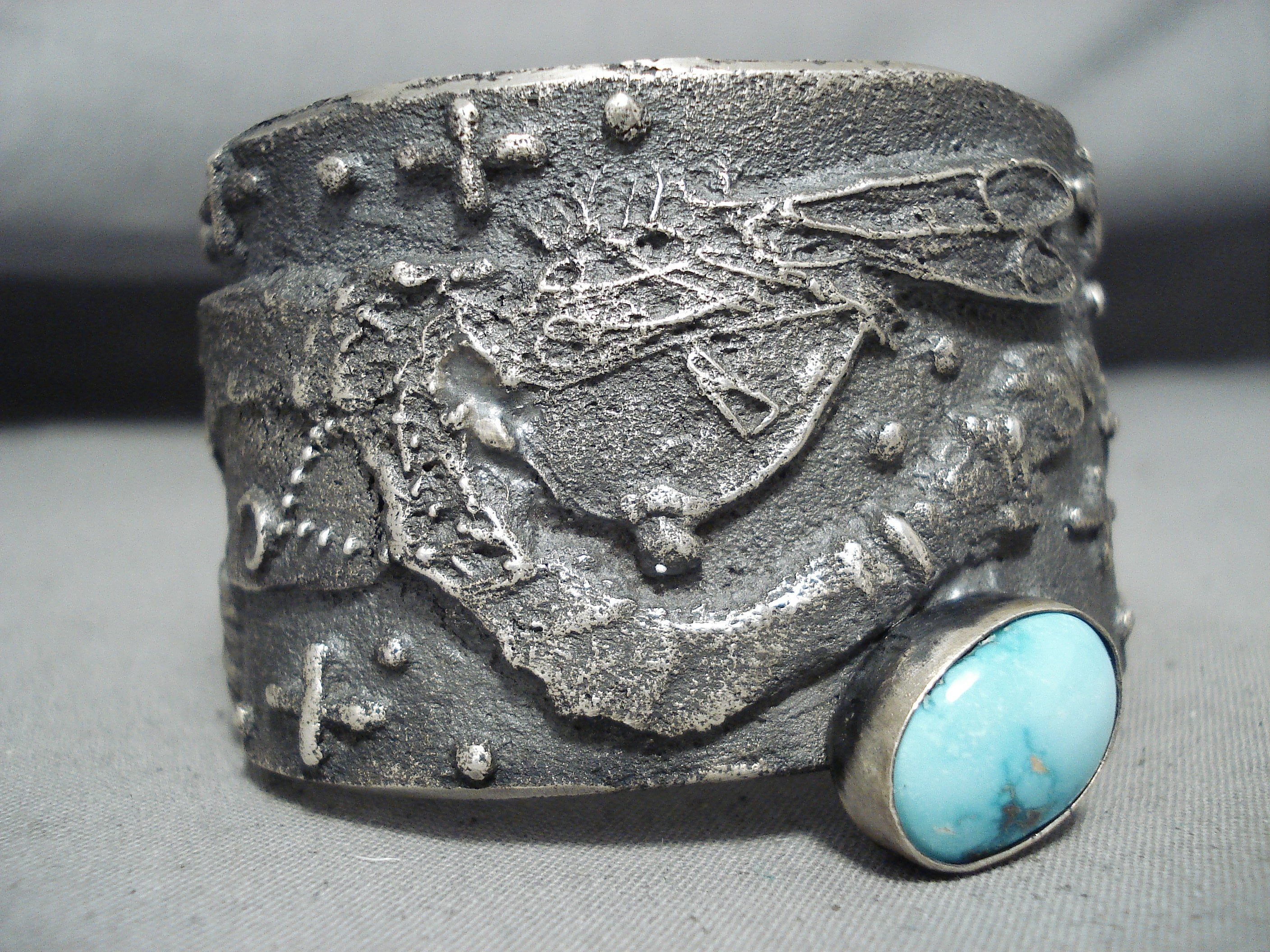 Authentic 188g Native American Navajo Kingman Turquoise Sterling Silver Kachina Bracelet - Handcrafted Jewelry for Women, Boho Fashion & Spiritual Ceremonies
