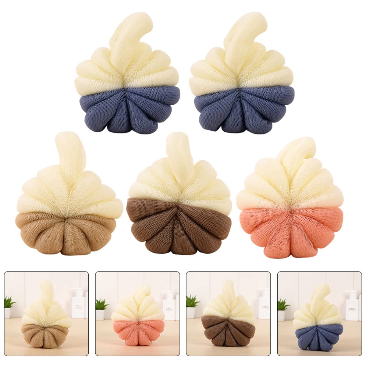 FRCOLOR 5-Pack Shower Bath Sponges - Soft PE Material Exfoliating Bath Flowers for Women & Men, Dense Mesh for Rich Lather, Mixed Colors (Pink/Blue/Green/Yellow/Purple) - Perfect for Daily Body Wash, Spa Day & Gift Ideas