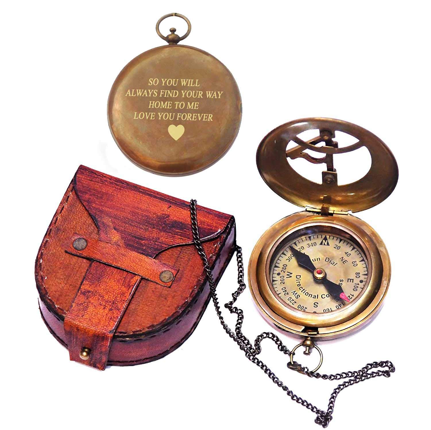 Engraved Sundial Compass with Leather Case - Perfect Traveler Gift, Inspirational Present for Adventurers - Unique Wedding, Baptism & Anniversary Gift for Him (Love You Forever) - Ideal for Outdoor Exploration, Hiking & Romantic Occasions