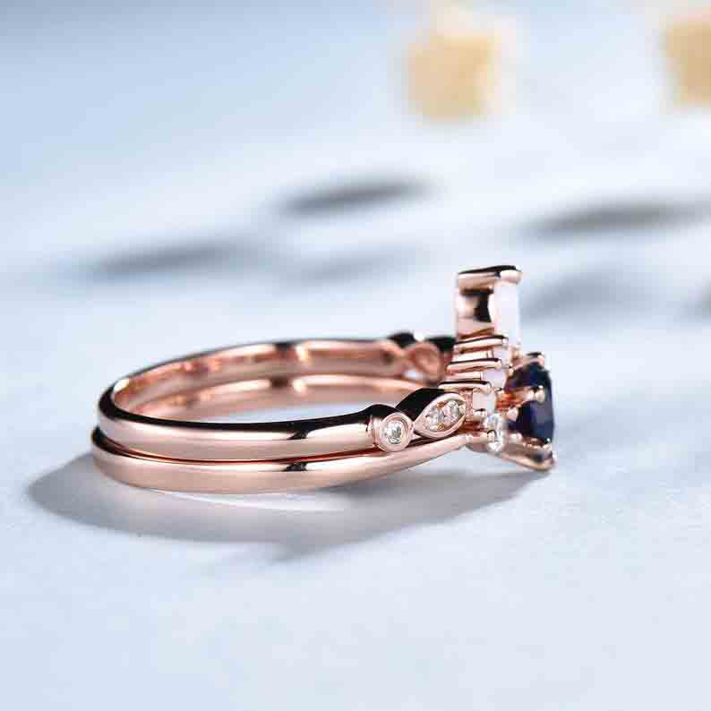 Sapphire Selene Diamond Ring & Opal Stackable Band Set – 2-Piece Wedding & Anniversary Jewelry for Women | Perfect for Bridal, Engagement, and Special Occasions