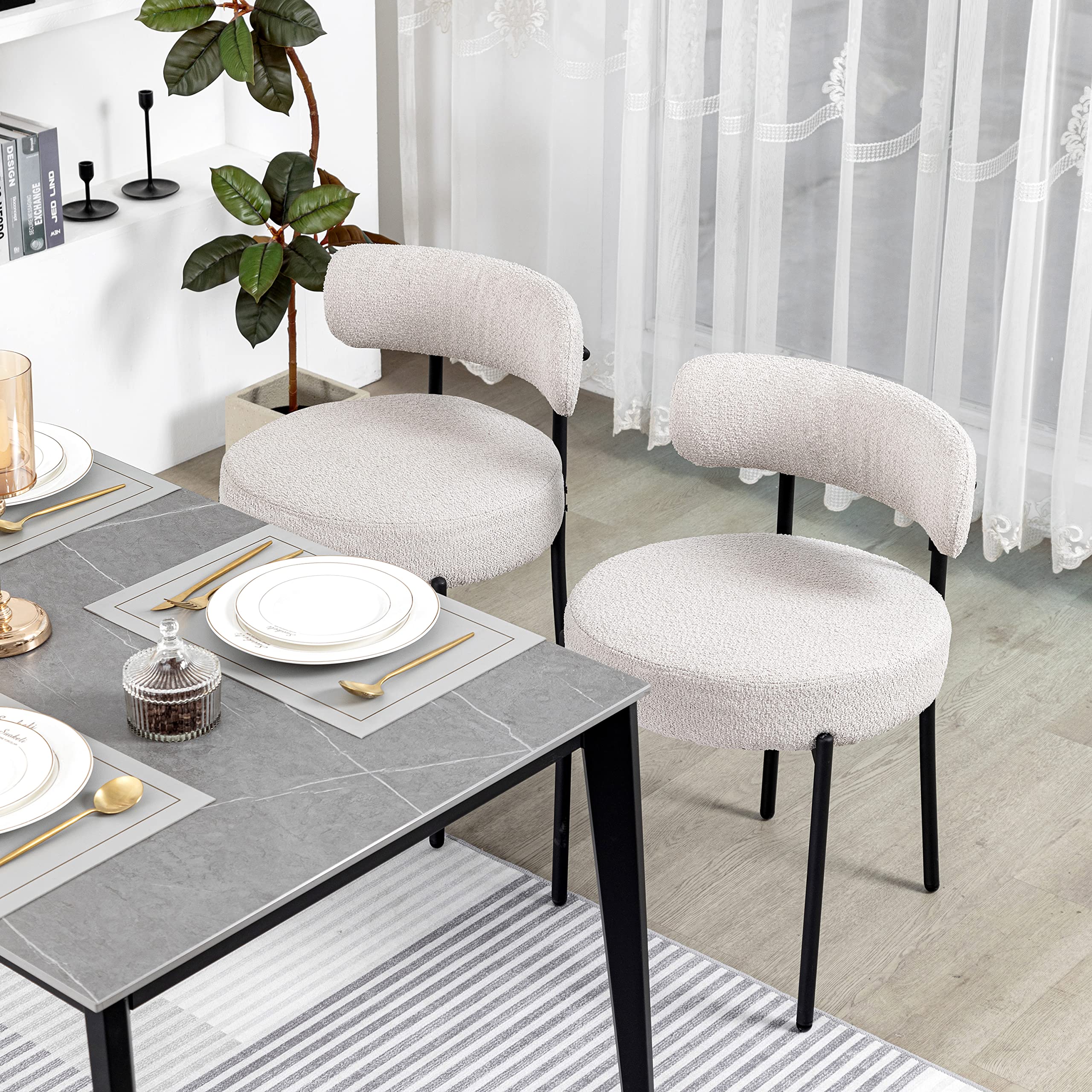 DYHOME Light Grey Dining Chairs Set of 2 - Modern Mid-Century Upholstered Kitchen Chairs with Boucle Sherpa Fabric & Black Metal Legs - Perfect for Dining Room, Kitchen, Breakfast Nook & Small Spaces