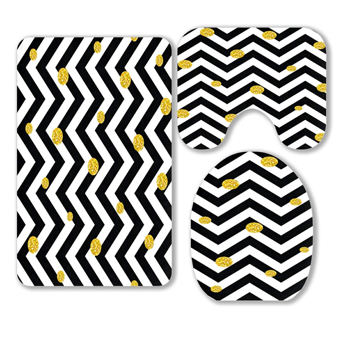 Trendy Glittering Gold Polka Dot Chevron Black White 3-Piece Bathroom Rug Set - Non-Slip Bath Mat, Contour Mat & Toilet Lid Cover - Soft & Absorbent for Modern Bathroom Decor (Bath, Powder Room, Guest Bath)