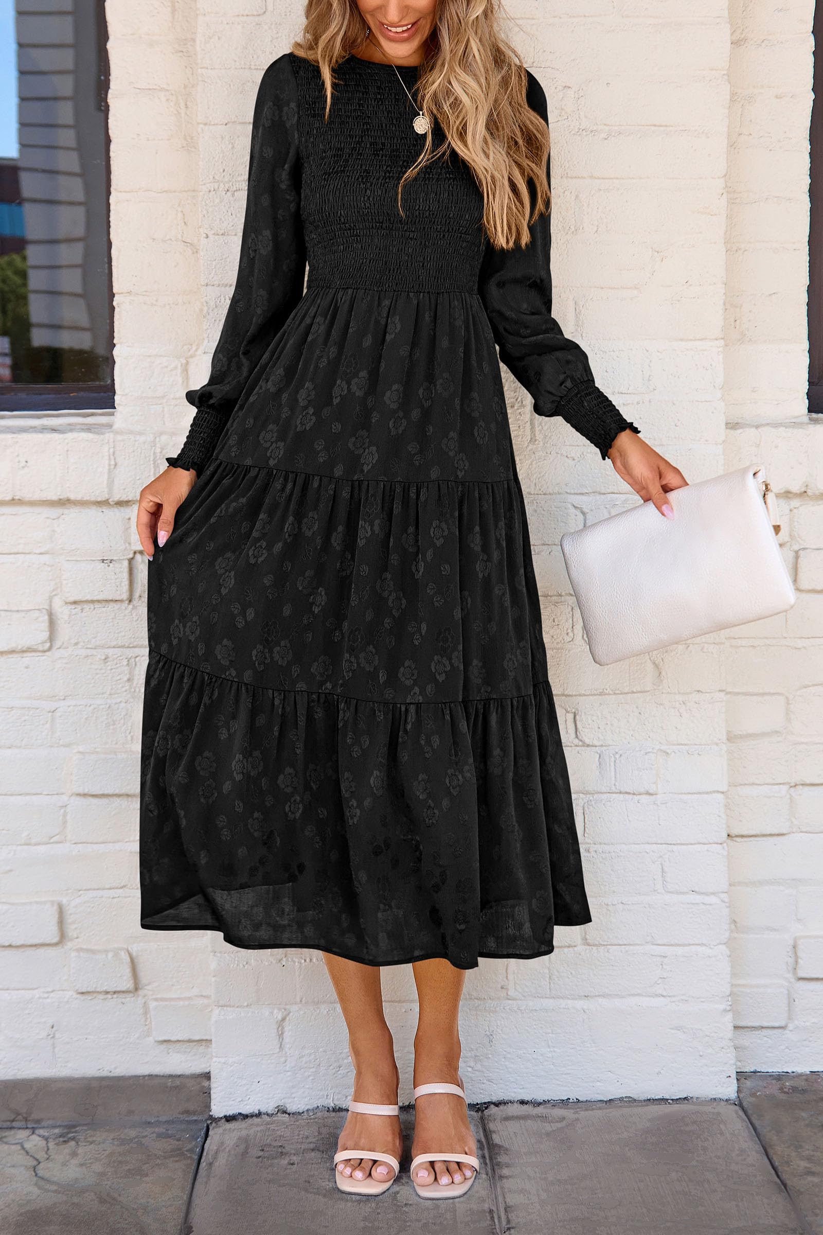 PRETTYGARDEN Women's Floral Midi Dress with Long Sleeves & Pockets - Elegant Smocked Waist Wedding Guest Dress for Spring & Fall - Perfect for Bridal Showers, Garden Parties & Date Nights