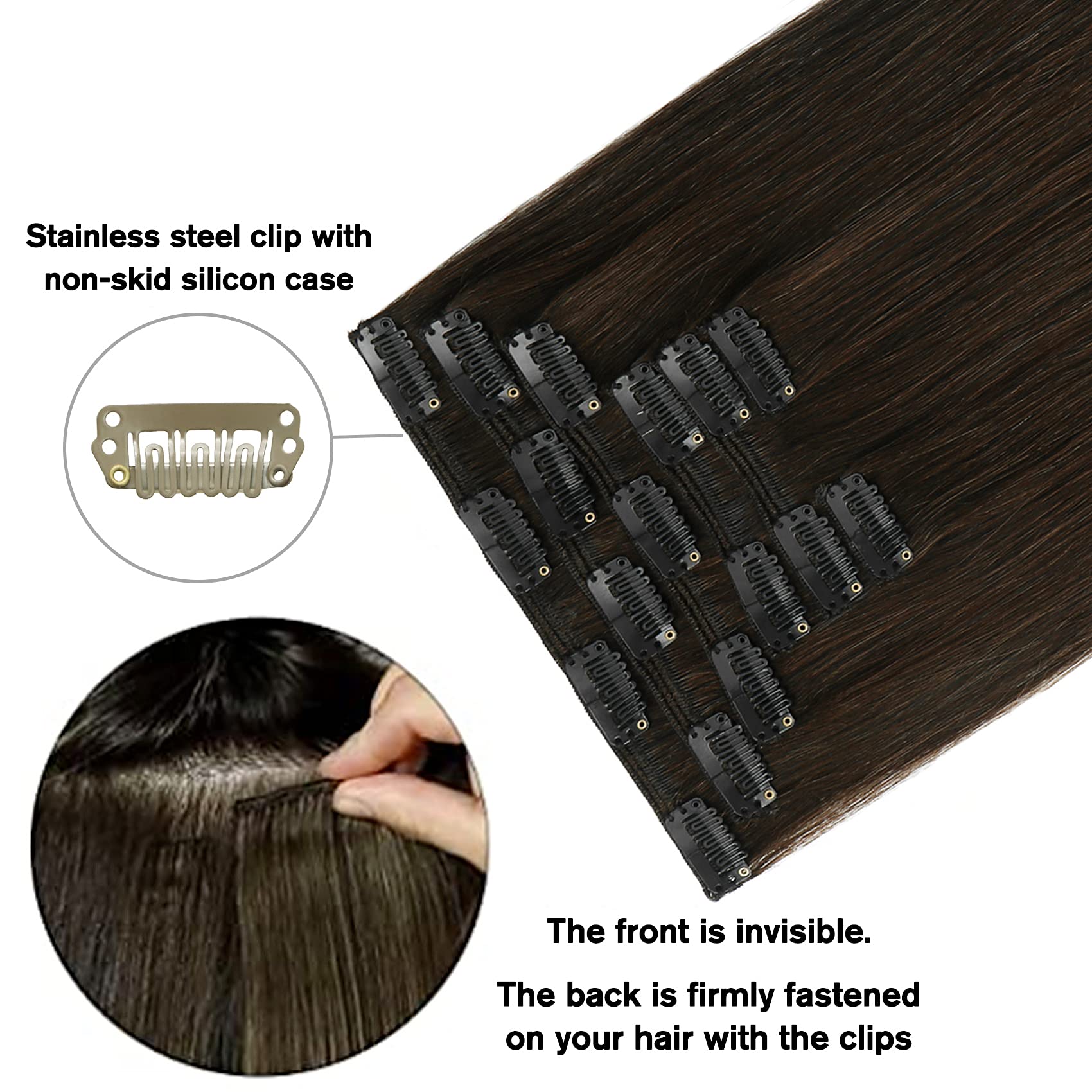 HUAYI Dark Brown 22-Inch 120g 7-Piece Clip-In Human Hair Extensions - Double Weft Thick Ends, Soft & Tangle-Free Straight Hair for Full Head Volume - Natural Balayage Color (#2) | Perfect for Parties, Weddings & Daily Styling