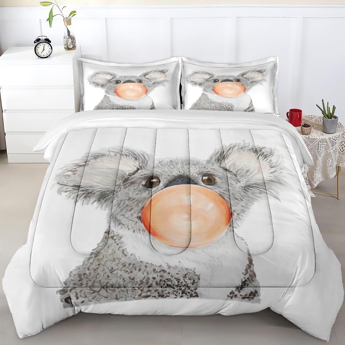 Koala & Bear Vintage Comforter Set Queen Size - Blue & Pink Animal Print Bedding for Kids & Adults - Soft & Cozy Bedroom Decor with 2 Pillowcases - Perfect for Nursery, Guest Room & Cozy Winter Nights