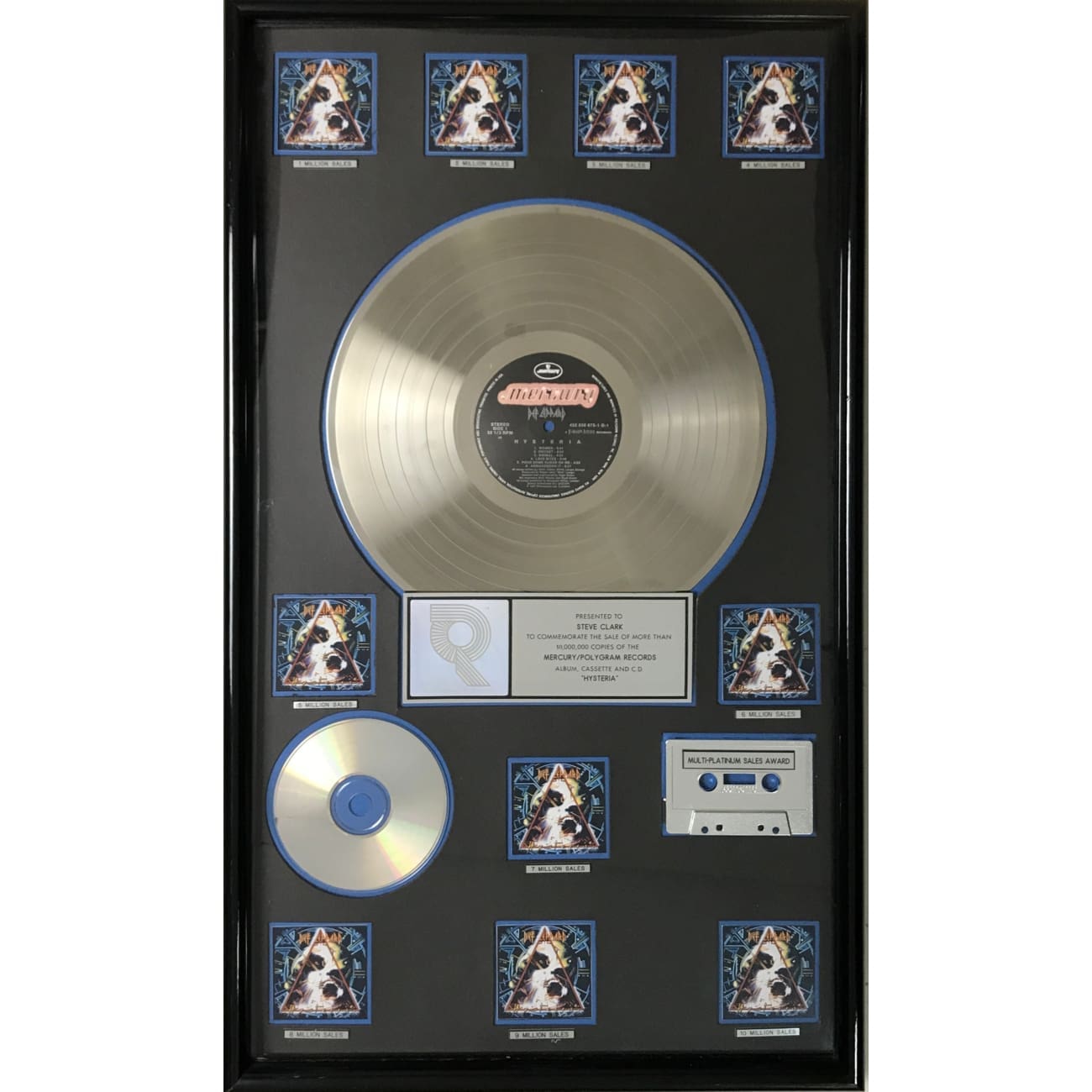 Def Leppard Hysteria RIAA 10x Multi Platinum LP Award - Rare Collectible Presented to Guitarist Steve Clark - Perfect for Music Memorabilia Displays & Rock Fan Collections