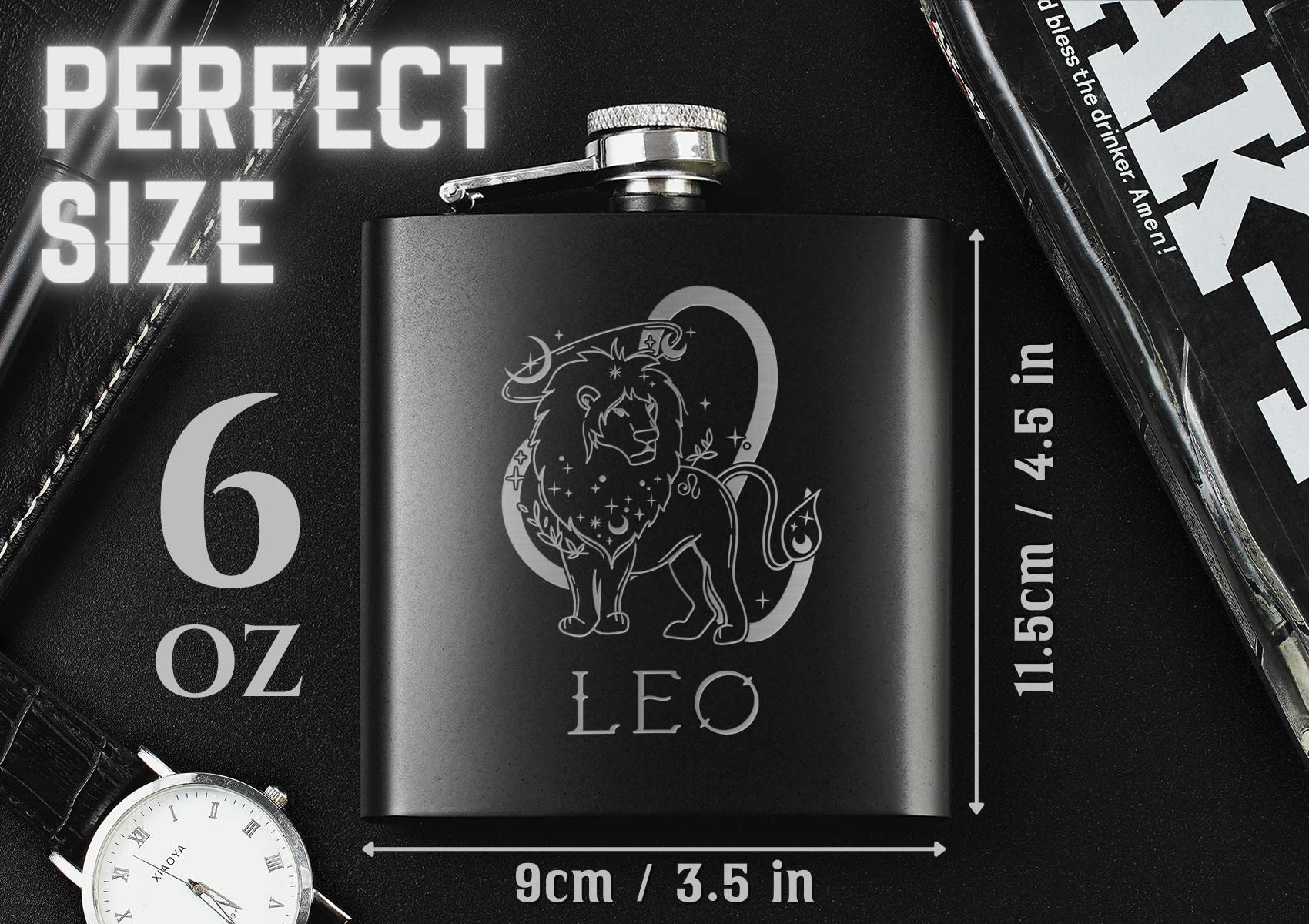 Onebttl Zodiac Themed Stainless Steel Hip Flask 6oz - Leo Horoscope Gift for Men & Women - Perfect for Birthday Presents, Party Favors & Outdoor Adventures