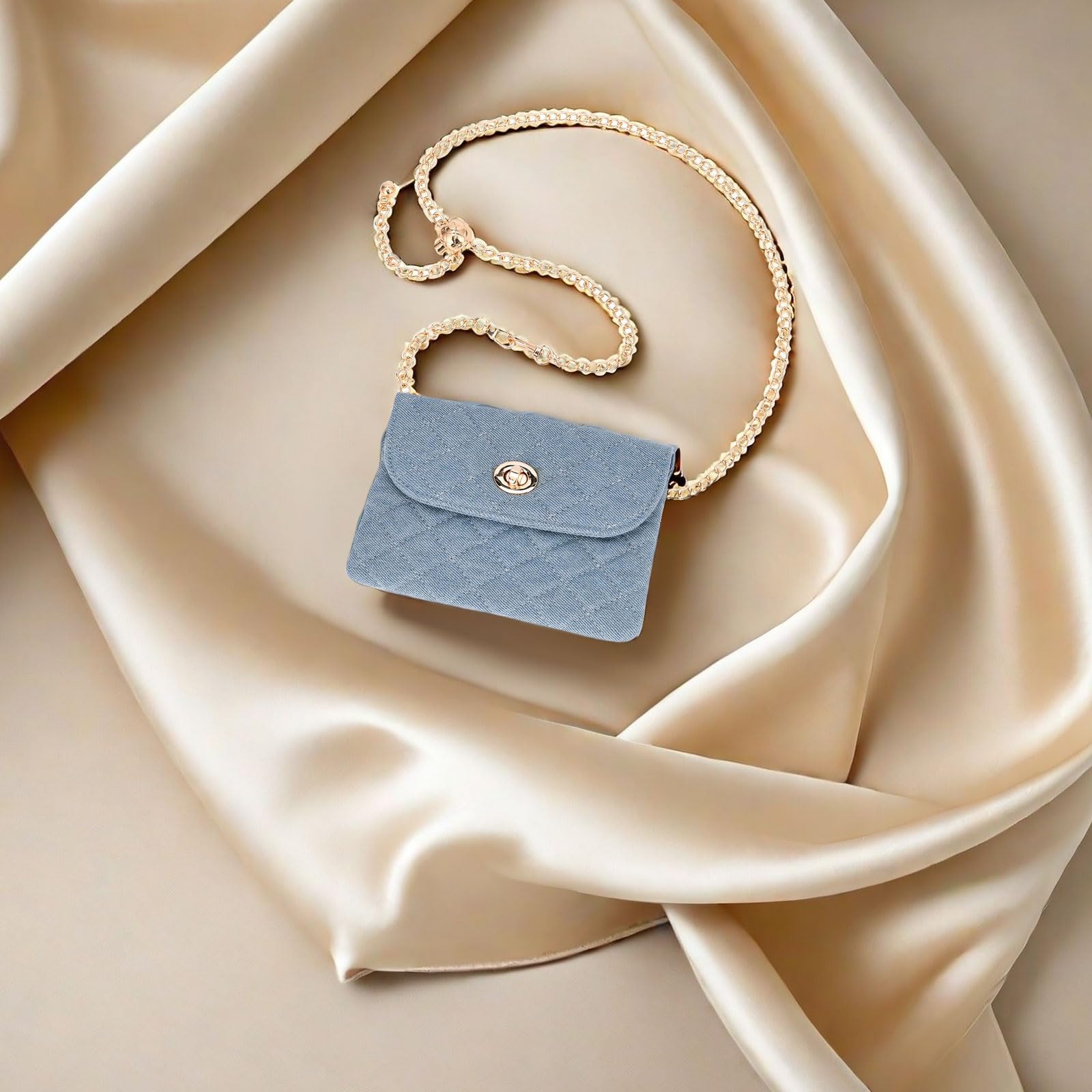 Stylish Women's Chain Belt Bag - Fashionable Denim Waist Purse & Designer Checkered Crossbody Bag for Phone, Cards & Essentials | Perfect for Parties, Travel & Everyday Use